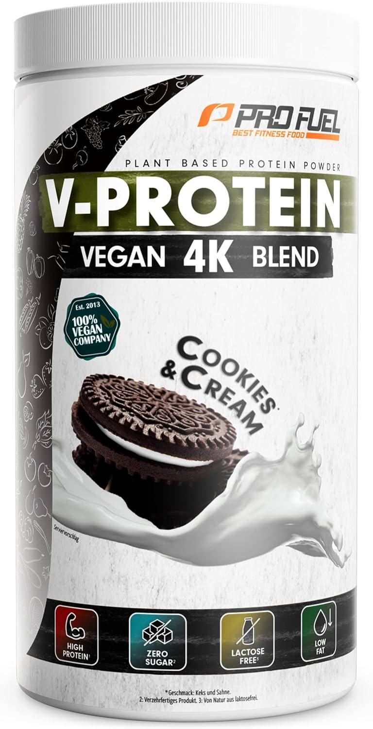 ProFuel V-PROTEIN 4K Blend | 12 Geschmacksrichtungen | Veganes Proteinpulver aus 4 pflanzlichen Proteinen | Hoher Proteingehalt | Cremig & lecker | Made in Germany