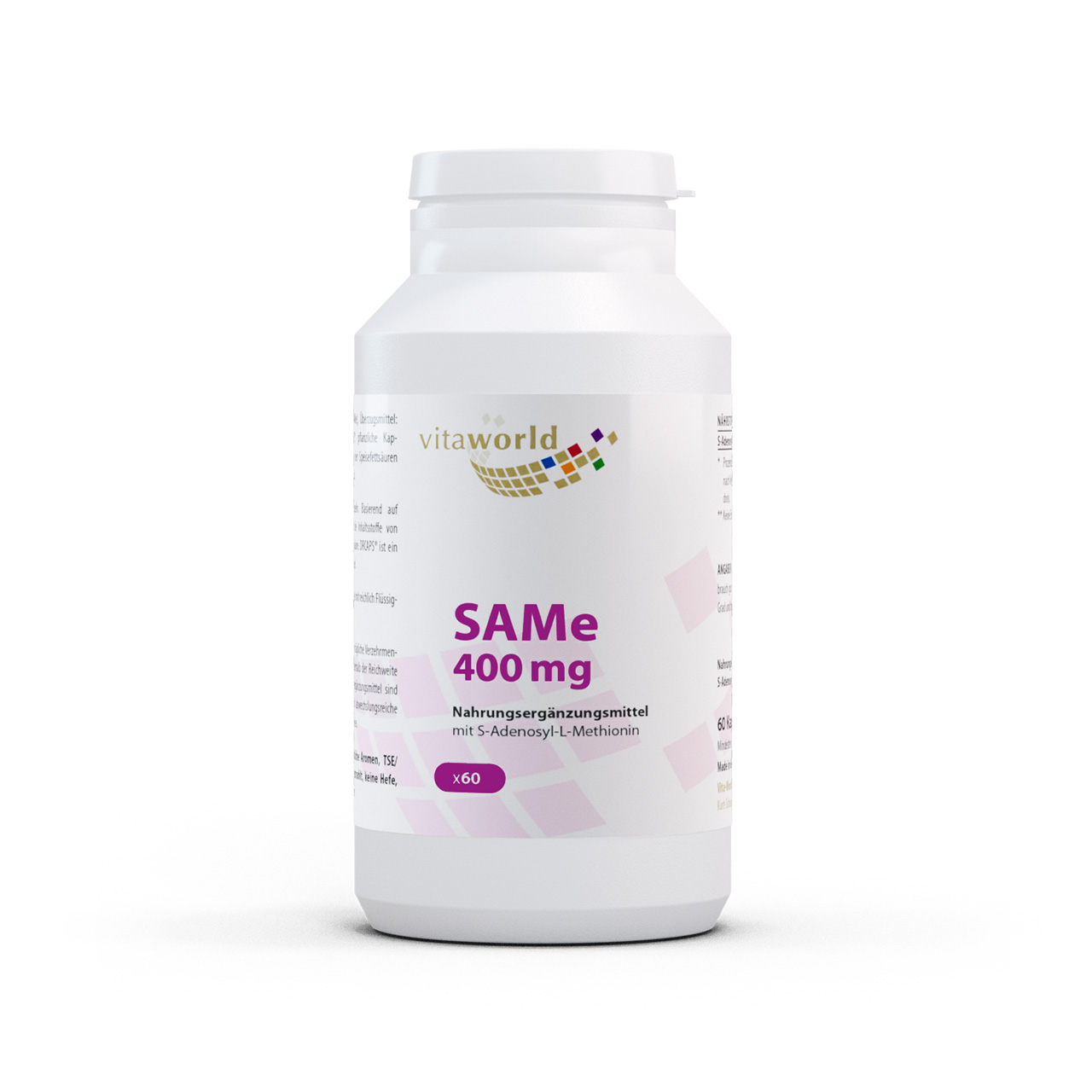 Vitaworld SAMe 400mg | 60 Kapseln | enthält 75 % aktives und 25 % inaktives Isomer | vegan | gluten- und laktosefrei