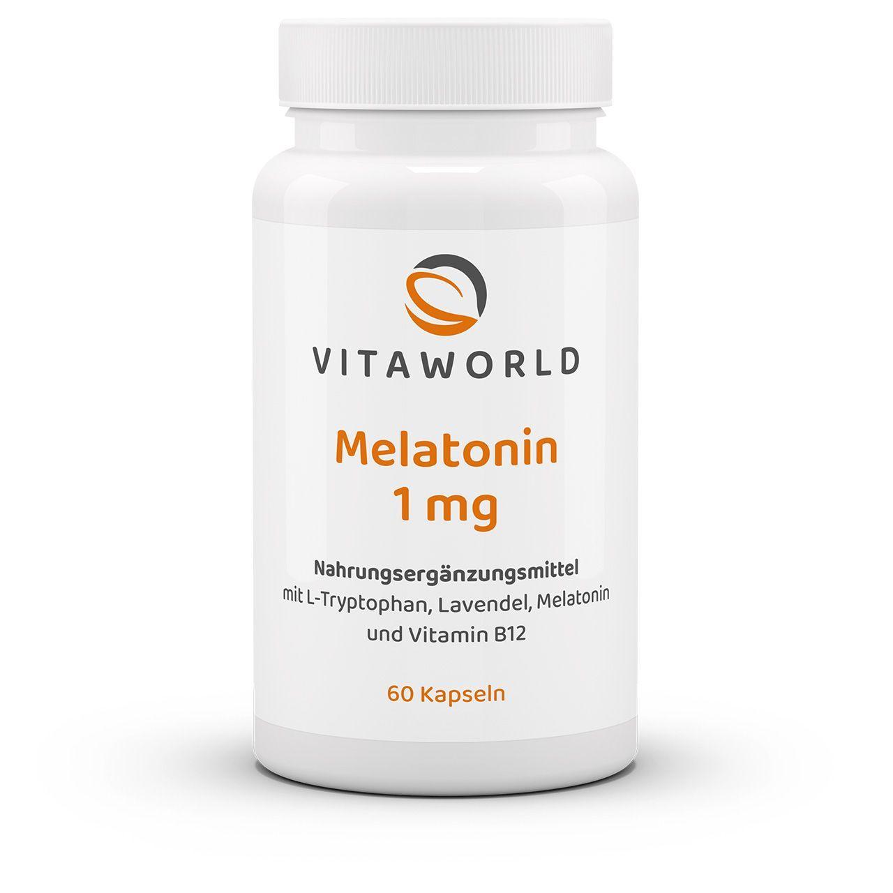 Vitaworld Melatonin 1 mg | 60 Kapseln | Mit L-Tryptophan, Vitamin B12 und Lavendel | Unterstützt Einschlafzeit | Vegan