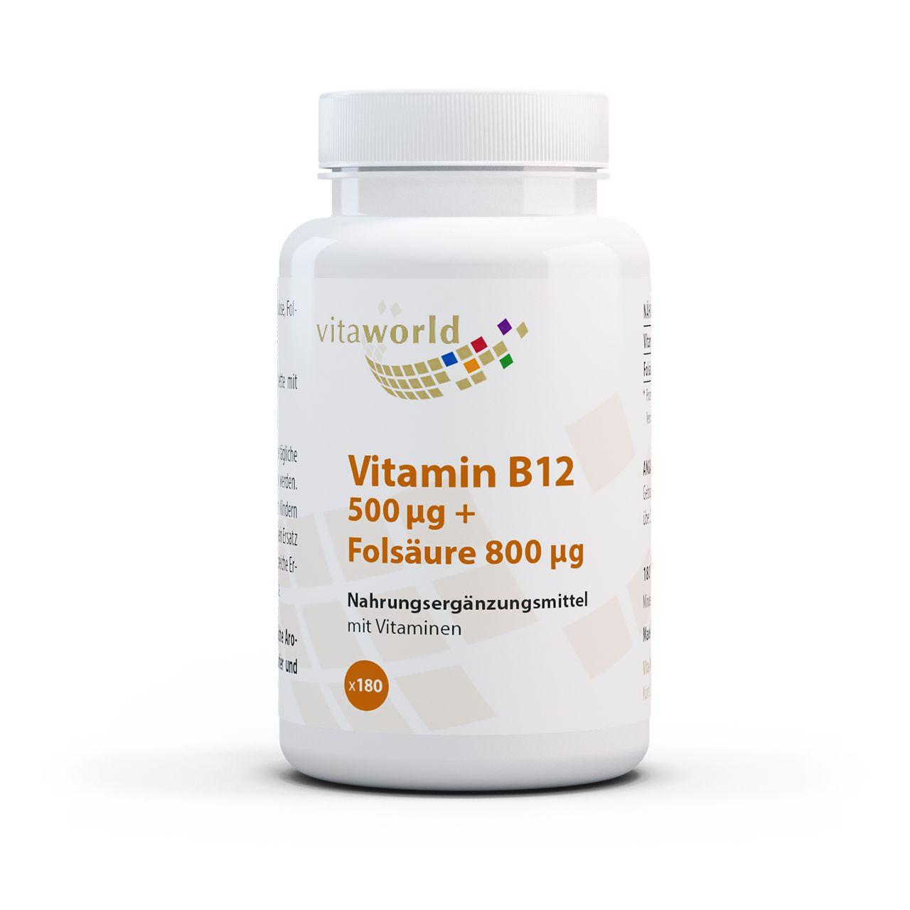 Vitaworld Vitamin B12 500 µg + Folsäure 800 µg | 180 Tabletten | Hochdosiert | Vegan