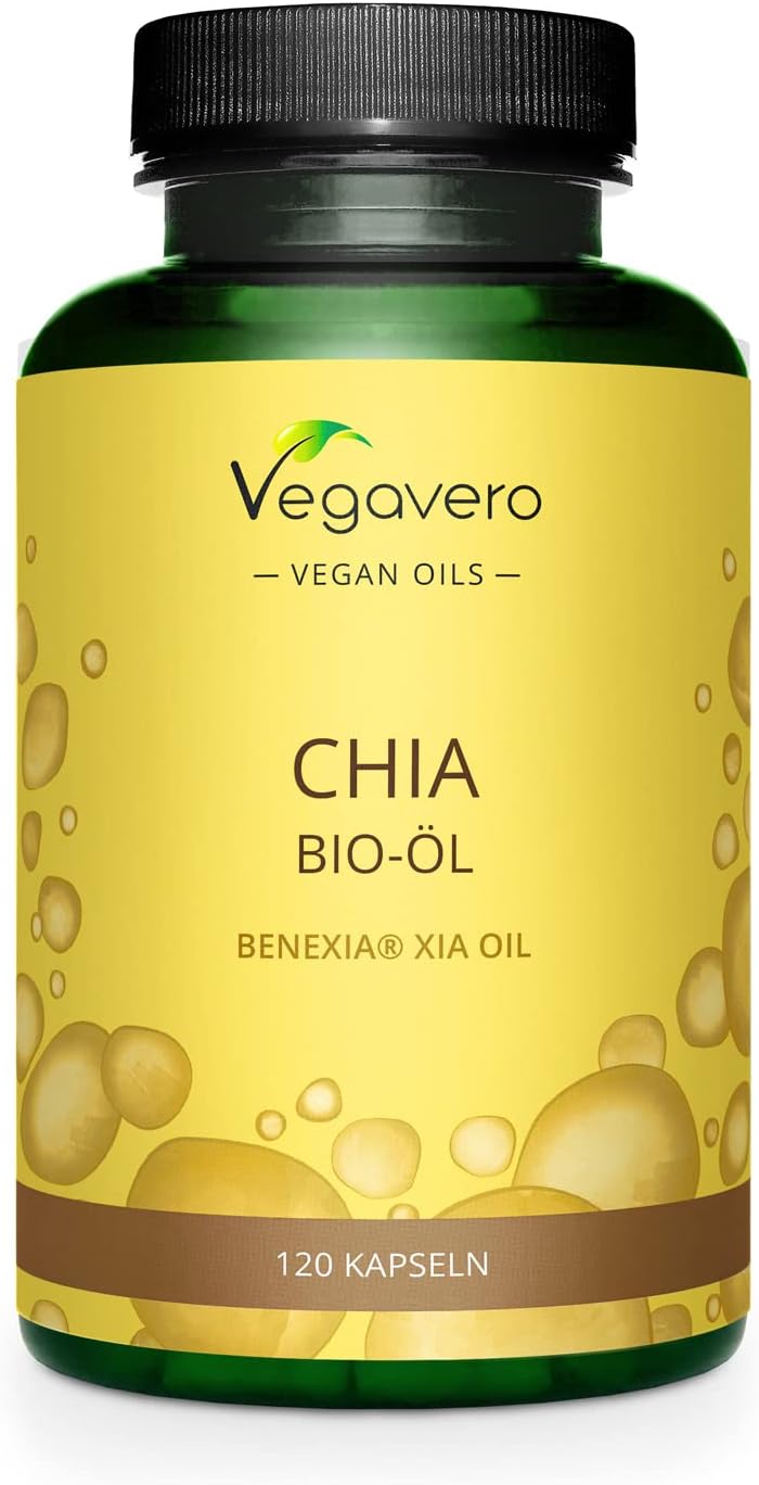 Vegavero Chia Öl BIO | 120 Kapseln | Omega-3-Fettsäuren | Vegan | Kaltgepresst | Hochwertiges Bio Chiaöl