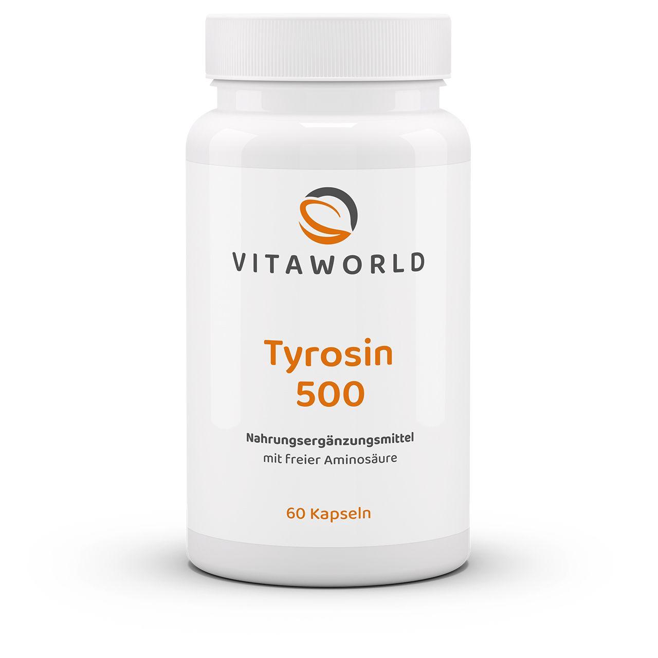 Vitaworld Tyrosin 500 mg | 60 Kapseln | 500 mg L-Tyrosin pro Kapsel | Vorstufe von Dopamin, Noradrenalin und Adrenalin | Vegan