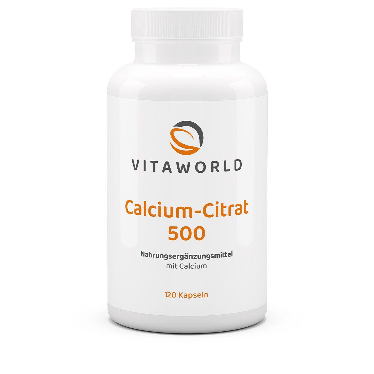 Vitaworld Calcium-Citrat 500 | 120 Kapseln | Für gesunde Knochen | 513 mg Calcium pro Tagesverzehr | Hohe Bioverfügbarkeit | Unterstützt Knochen und Zähne | Vegan