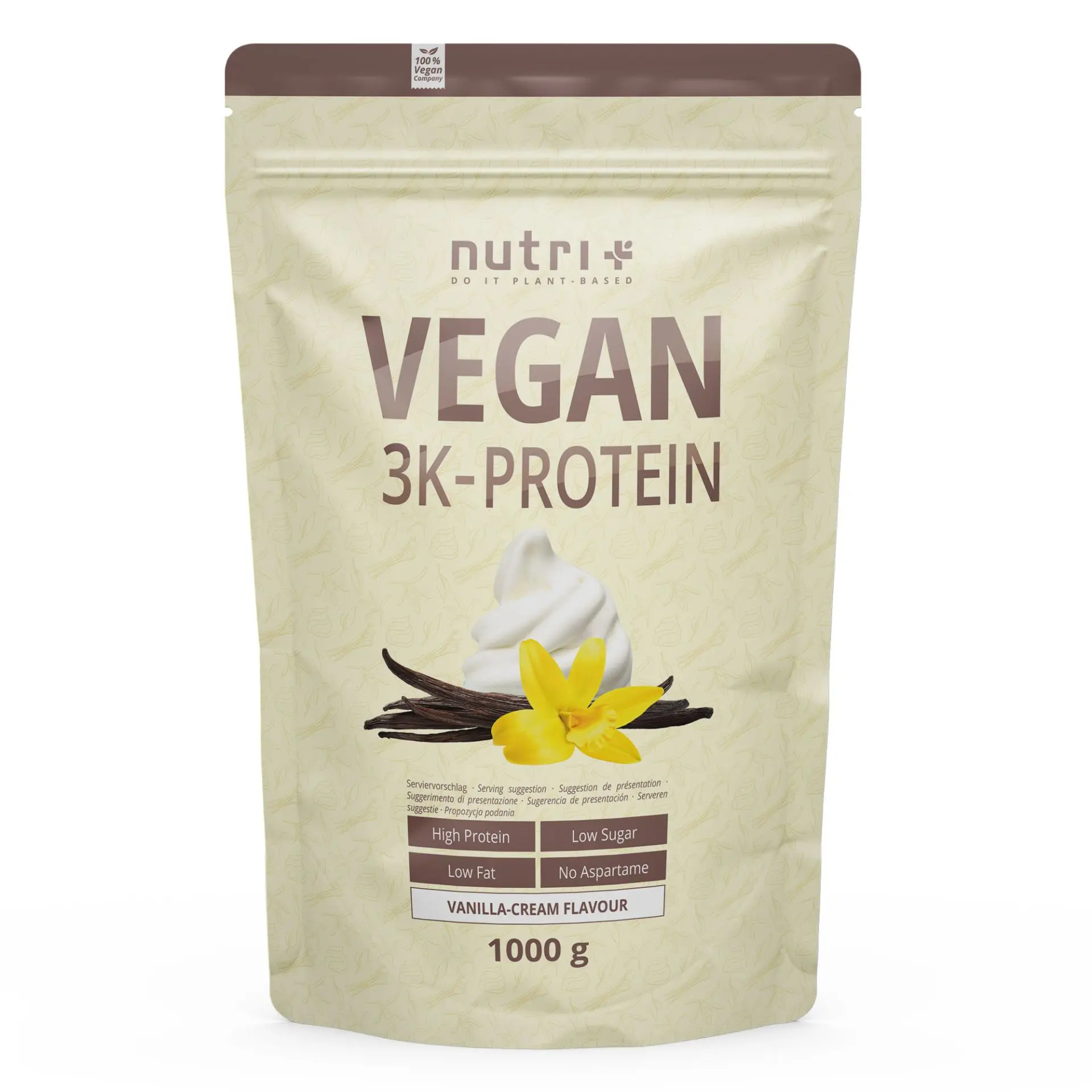 nutri+ 3K Proteinpulver Vegan | 1000 g | vegan | hoher Eiweißgehalt | mit 3 pflanzlichen Proteinen | cremige Konsistenz