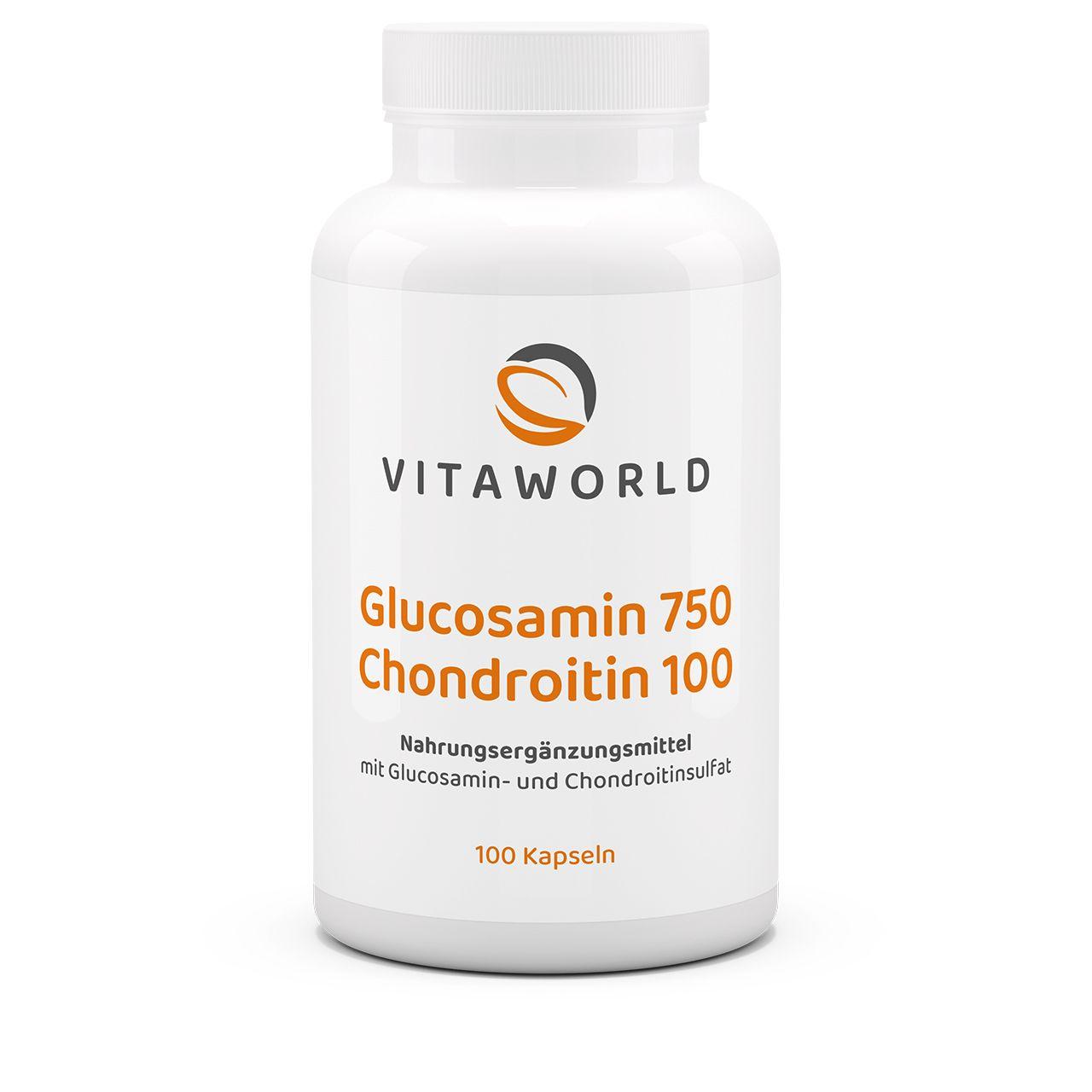 Vitaworld Glucosamin 750 + Chondroitin 100 | 100 Kapseln | Glucosamin vegan | Chondroitin vom Rind | Bausteine für Knorpel und Gelenke | Vegan