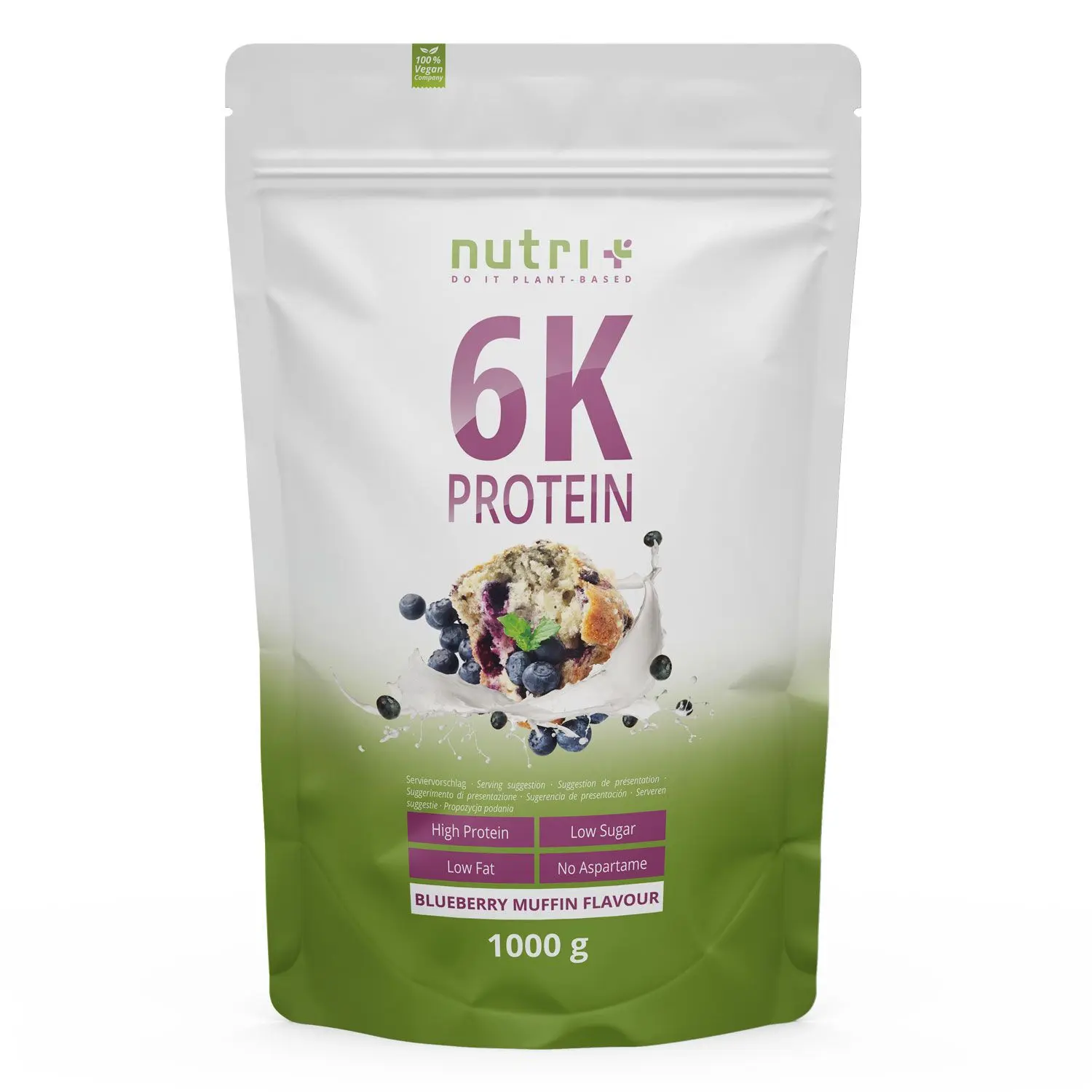 nutri+ 6k Proteinpulver | 1000 g | vegan | hoher Eiweißgehalt | mit 6 pflanzlichen Proteinen | hohe biologische Wertigkeit