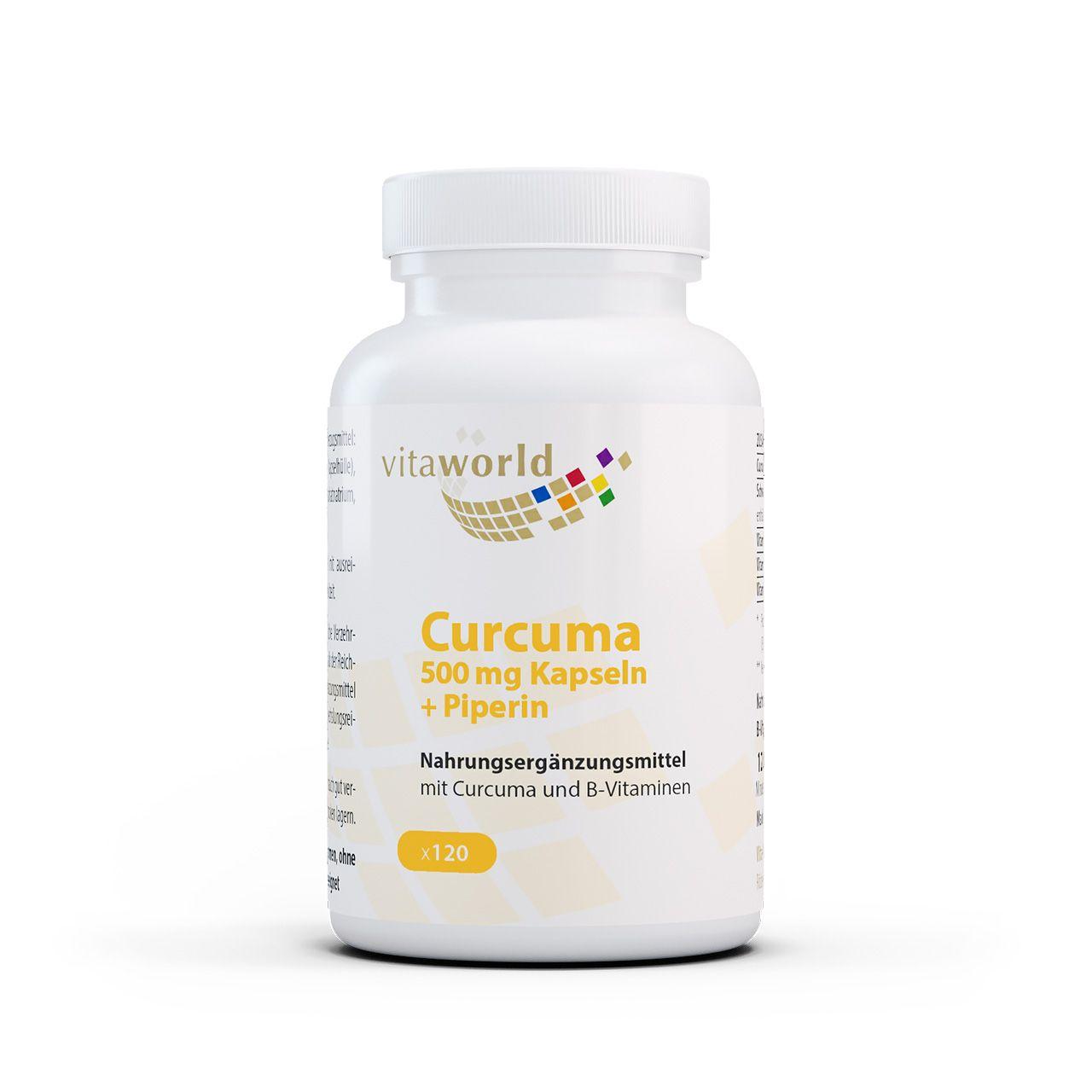 Vitaworld Curcuma 500 mg | 120 Kapseln | Mit Vitamin B-Komplex | Hohe Bioverfügbarkeit durch Schwarzen Pfeffer | Unterstützt Immunsystem | Vegan