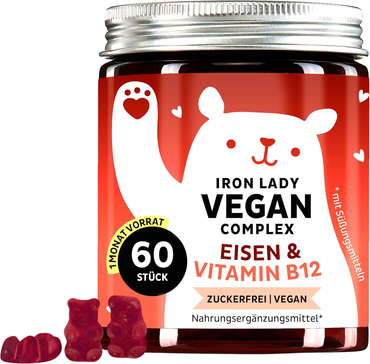 Bears with Benefits Iron Lady Vegan Complex | 60 Stück | Eisen und Vitamin B12 | Zuckerfrei | Vegane Gummibärchen