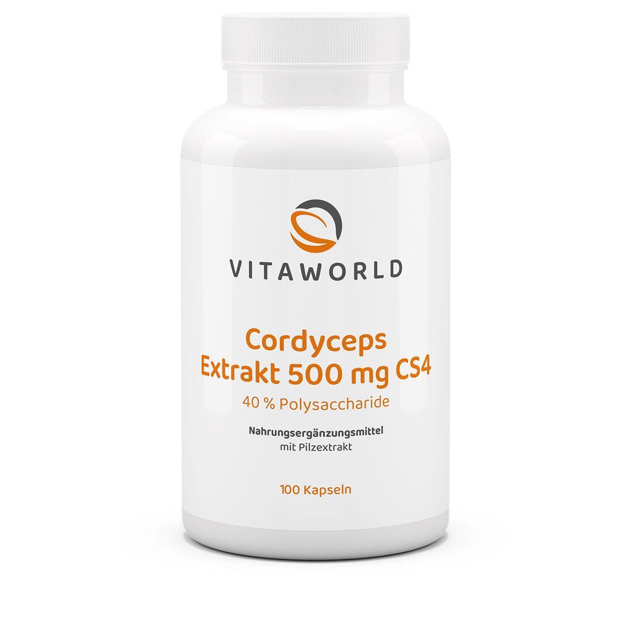 Vitaworld Cordyceps Extrakt 500 mg CS4 | 100 Kapseln | 40% Polysaccharide | Chinesischer Raupenpilz | Standardisierte Qualität | Vegan