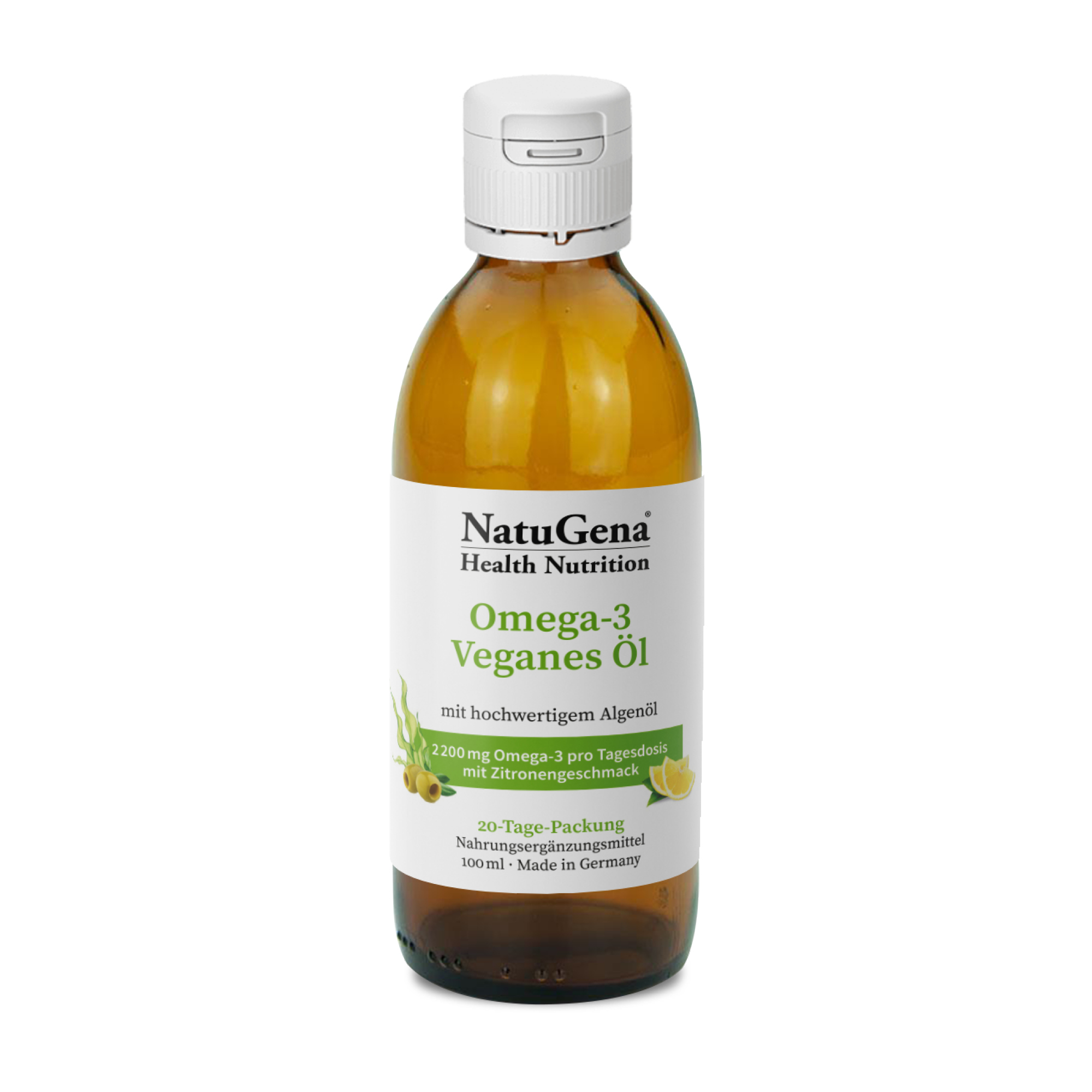 NatuGena Omega-3 Veganes Öl | 100ml | Rein pflanzlich mit hohem DHA & EPA Gehalt für Herz und Gehirn