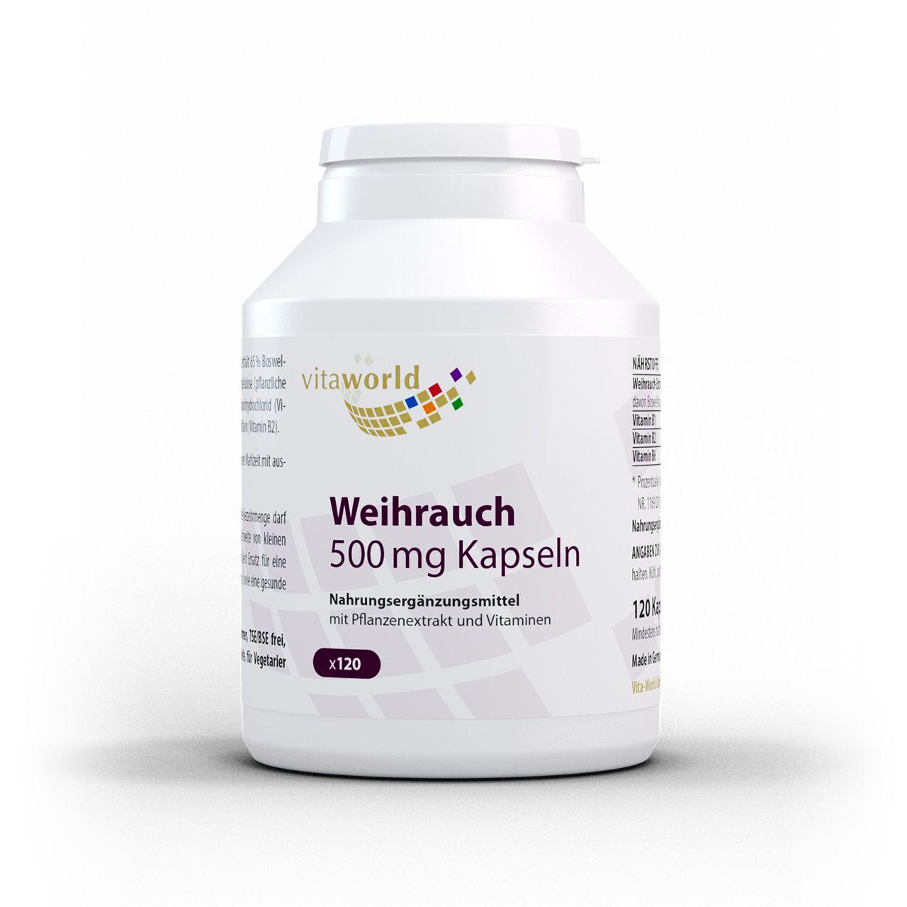 Vitaworld Weihrauch 500 mg | 120 Kapseln | Original Boswellin® Extrakt | Mit B-Vitaminen | 350 mg Boswellinsäure pro Kapsel | Vegan