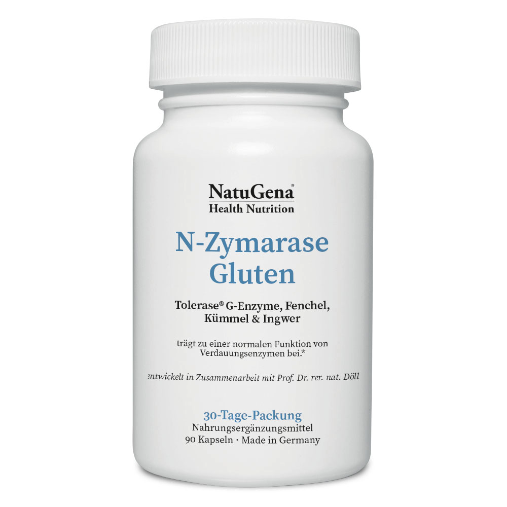 NatuGena N-Zymarase Gluten | 90 Kapseln | Unterstützt glutenfreie Ernährung mit Tolerase® G, Fenchel, Kümmel, Ingwer, Eisen & Calcium