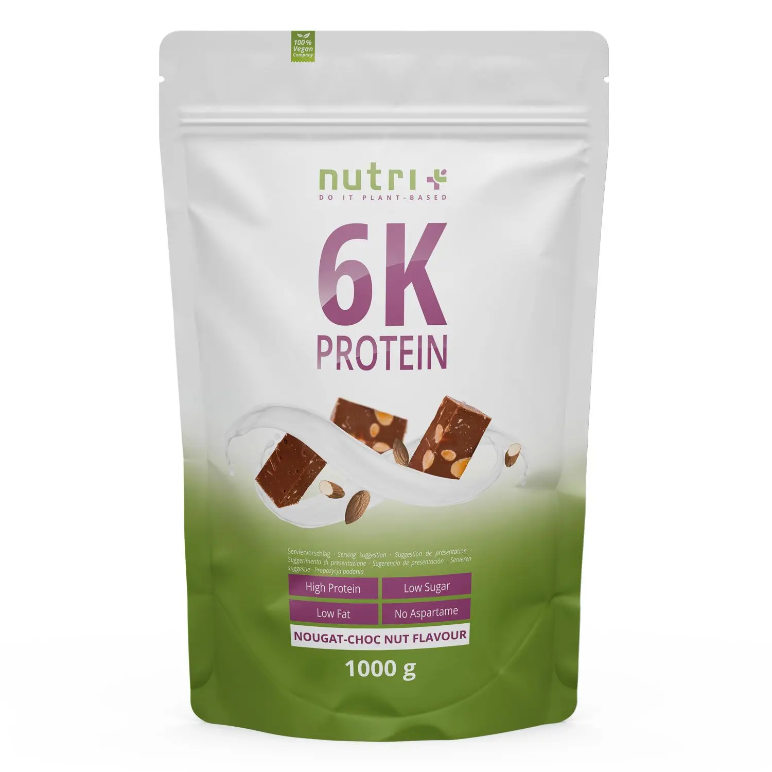 nutri+ 6k Proteinpulver | 1000 g | vegan | hoher Eiweißgehalt | mit 6 pflanzlichen Proteinen | hohe biologische Wertigkeit