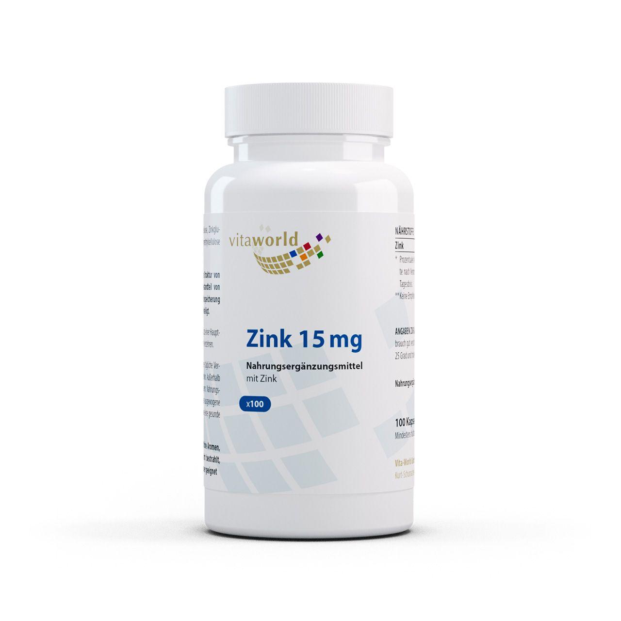 Vitaworld Zink 15 mg | 100 Kapseln | Essenzielles Spurenelement | Unterstützt Immunsystem und Stoffwechsel | Vegan