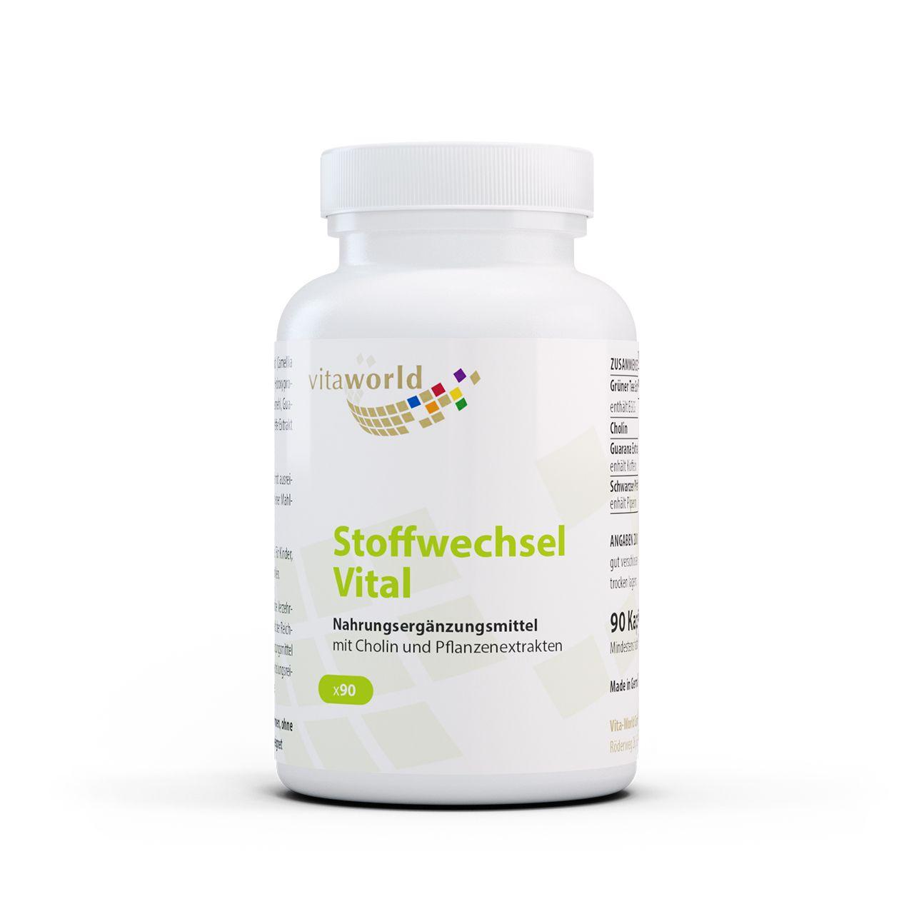 Vitaworld Stoffwechsel Vital | 90 Kapseln | Mit Cholin, Grünem Tee, Guarana & Piperin | Unterstützt den Fettstoffwechsel & Leberfunktion | Vegan