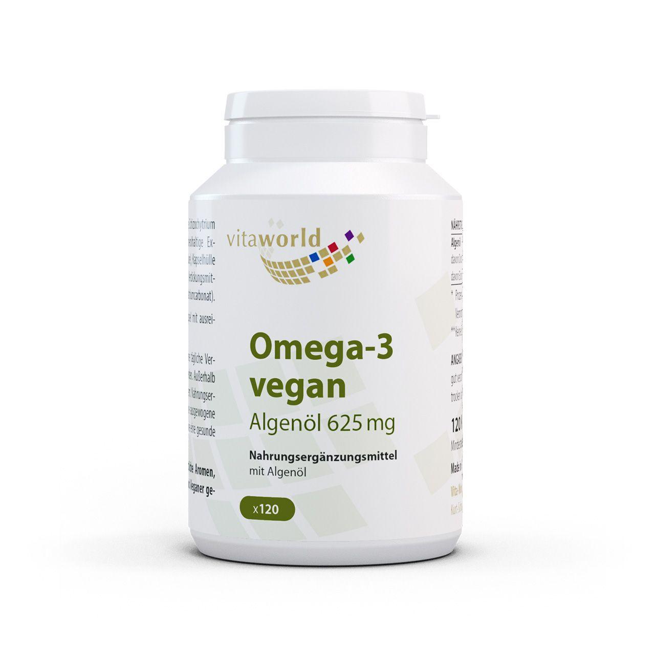 Vitaworld Omega-3 vegan | 120 Kapseln | 625 mg Algenöl | 250 mg DHA | Nachhaltige Mikroalgen