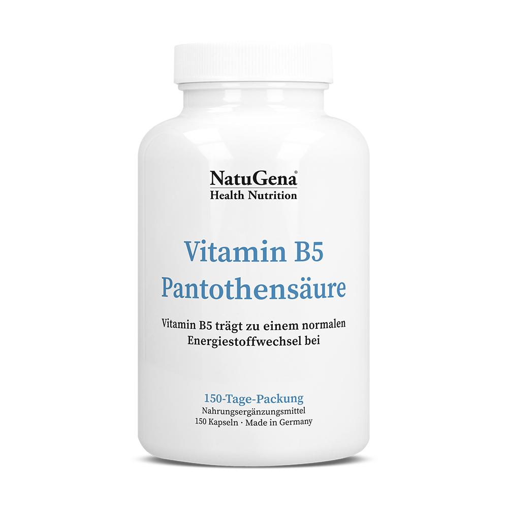 NatuGena Vitamin B5 Pantothensäure | 150 Kapseln | Hochdosiert | 500 mg pro Kapsel | Unterstützt Energiestoffwechsel & Reduziert Müdigkeit | Vegan & Glutenfrei | Made in Germany