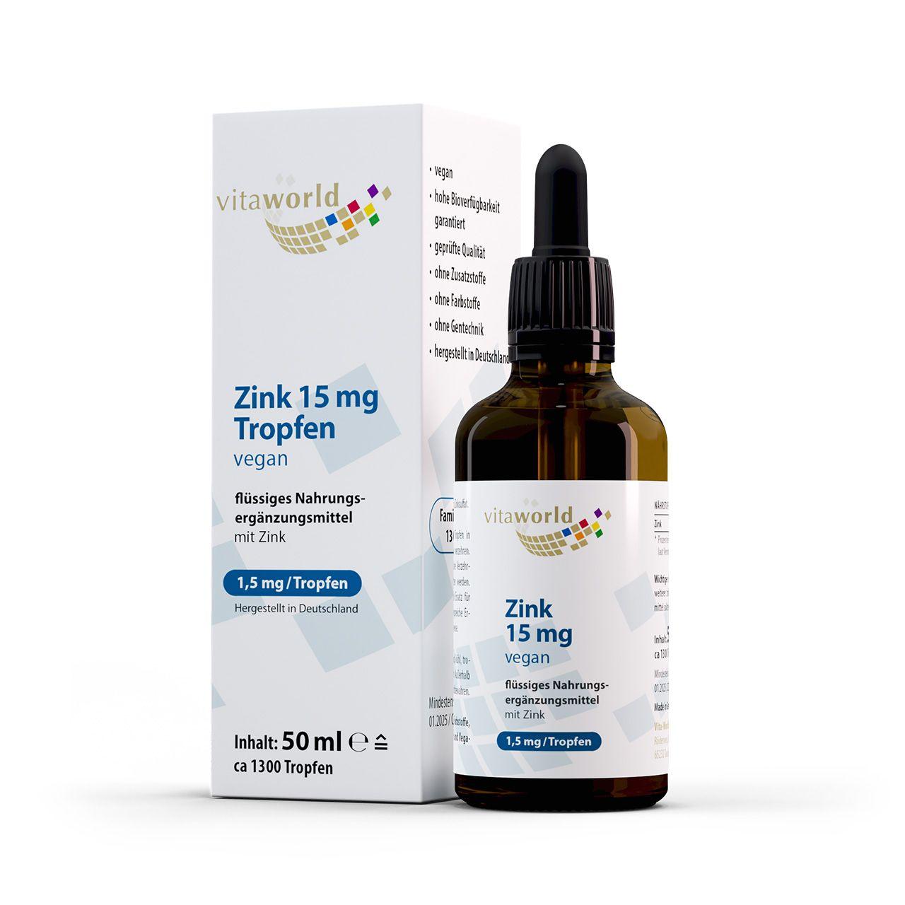 Vitaworld Zink Tropfen 15 mg | 50 ml | Hoch bioverfügbar | Unterstützt Immunsystem | Flüssige Zinkzufuhr | Einfach dosierbar | Vegan