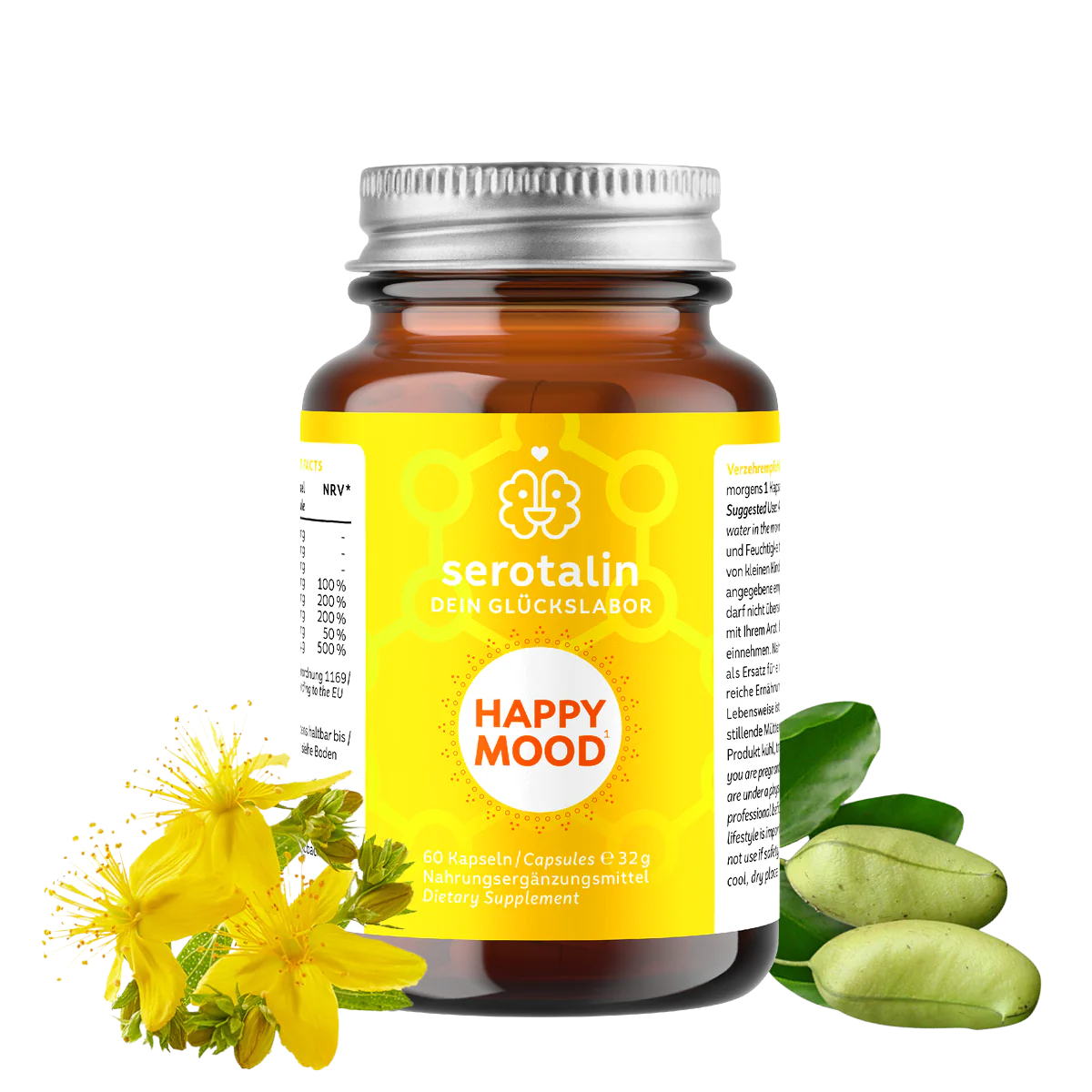 Serotalin Happy Mood | 60 Kapseln | mit Johanniskraut, Griffonia, L-Tryptophan & Vitaminen | Yellow | 2-Monatsvorrat | vegan