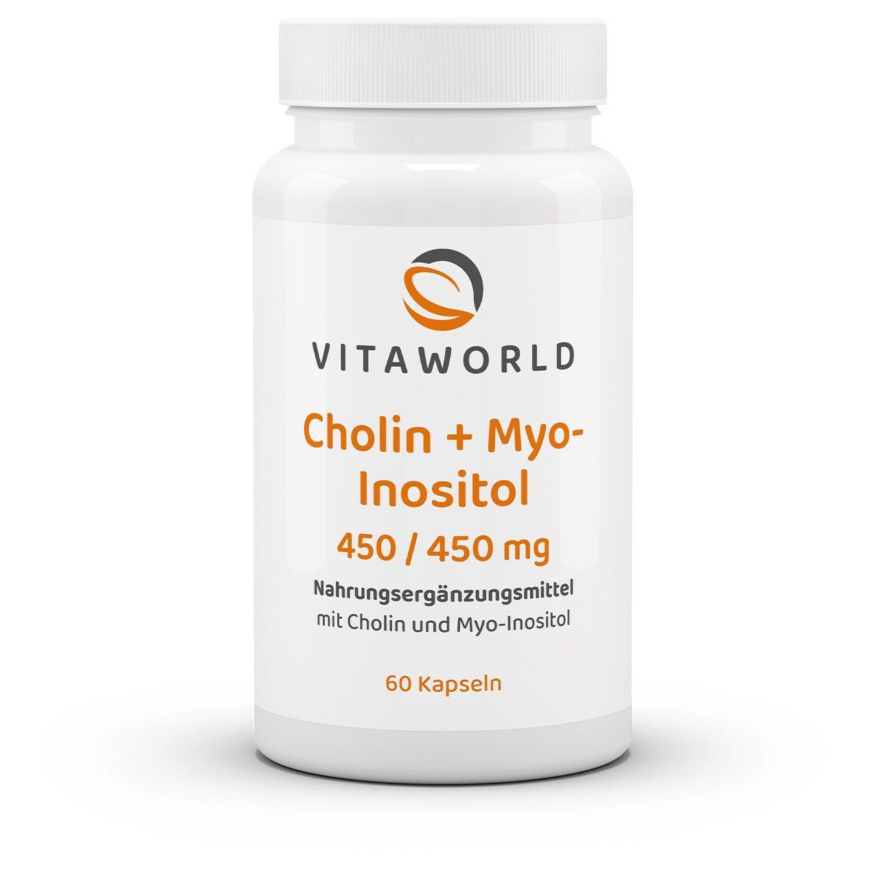 Vitaworld Cholin + Inositol 450/450 mg | 60 Kapseln | 1:1 Verhältnis | Für normale Leberfunktion | Unterstützt Fettstoffwechsel | Vegan