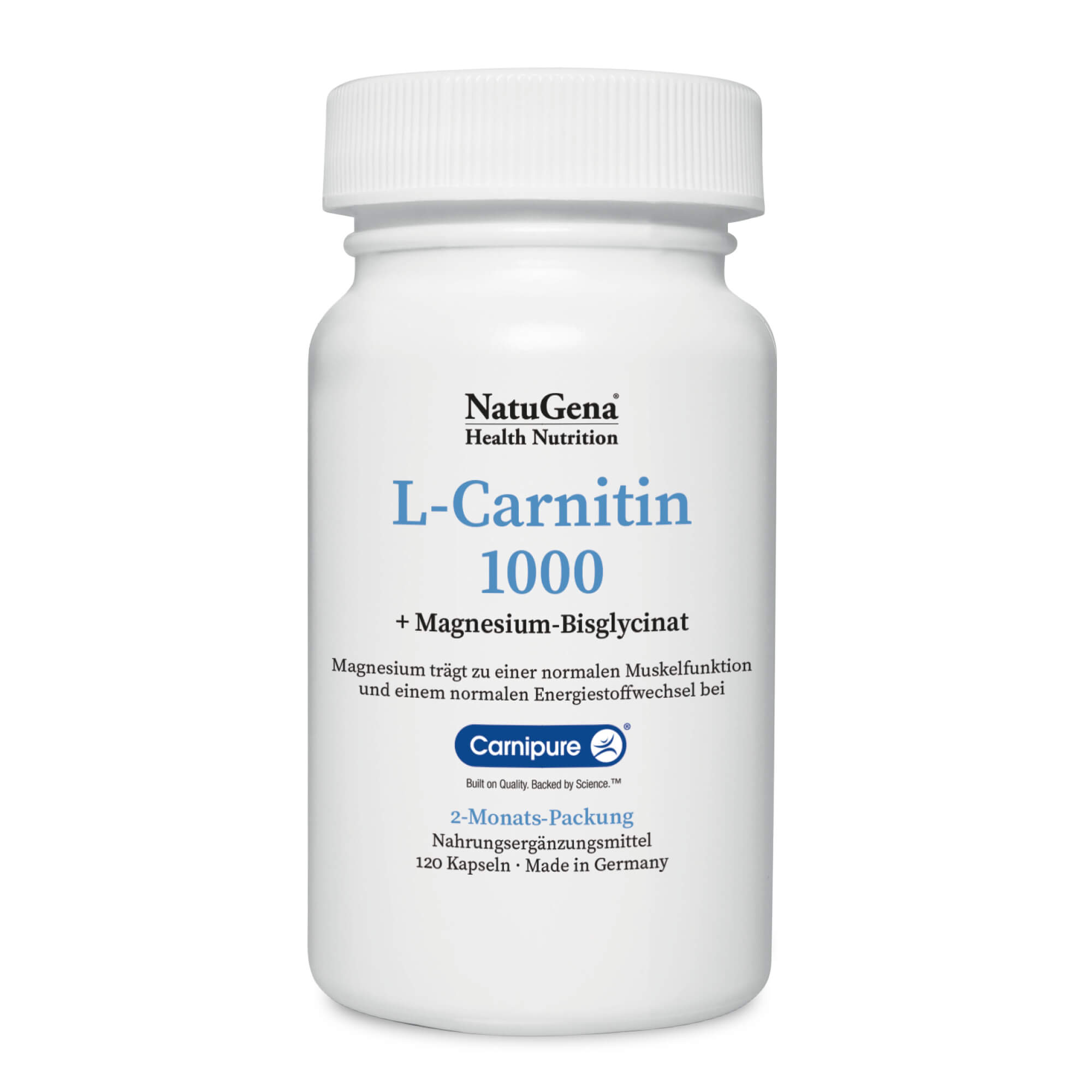 NatuGena L-Carnitin 1000 | 120 Kapseln | CarniPure® L-Carnitin-Tartrat | Unterstützt Energiestoffwechsel | Vegan | Hoch bioverfügbar | Ohne Zusatzstoffe