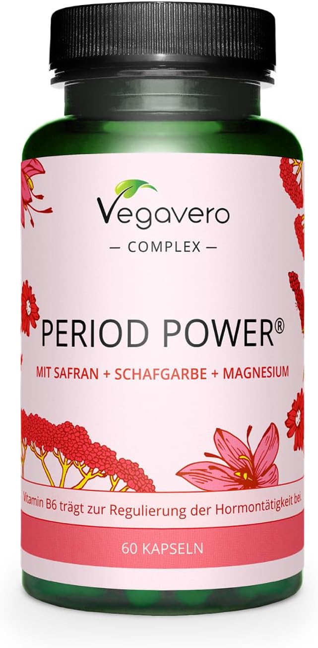 Vegavero Period Power | 60 Kapseln | Vegan | Mönchspfeffer, Myo-Inositol, Safran, Eisen, Folsäure, B-Vitamine, Magnesium | Vitalstoffe für die Periode