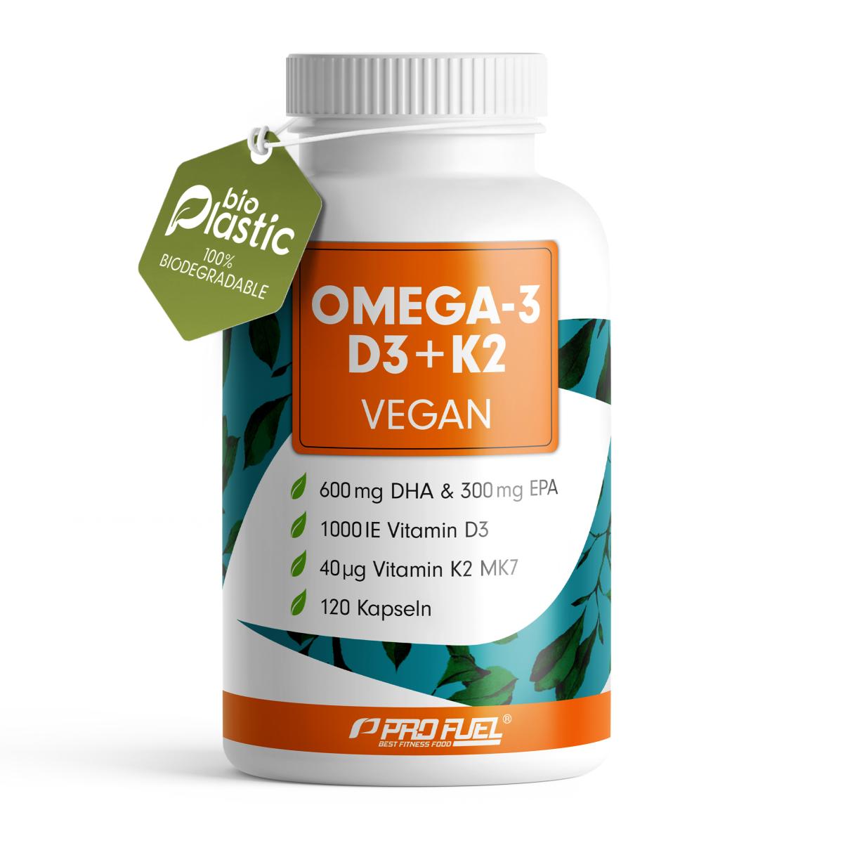 ProFuel Omega-3 D3 + K2 vegan Kapseln | aus Algenöl | hochdosiert: 600mg DHA + 300mg EPA