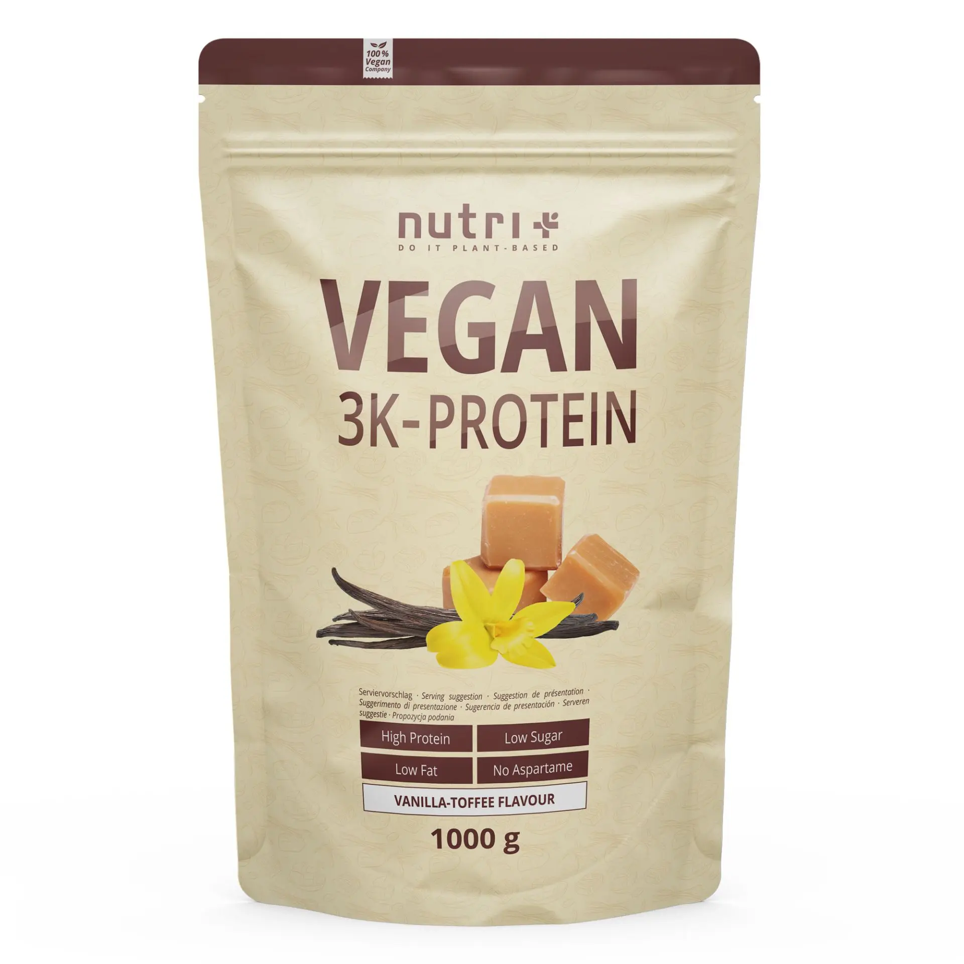 nutri+ 3K Proteinpulver Vegan | 1000 g | vegan | hoher Eiweißgehalt | mit 3 pflanzlichen Proteinen | cremige Konsistenz