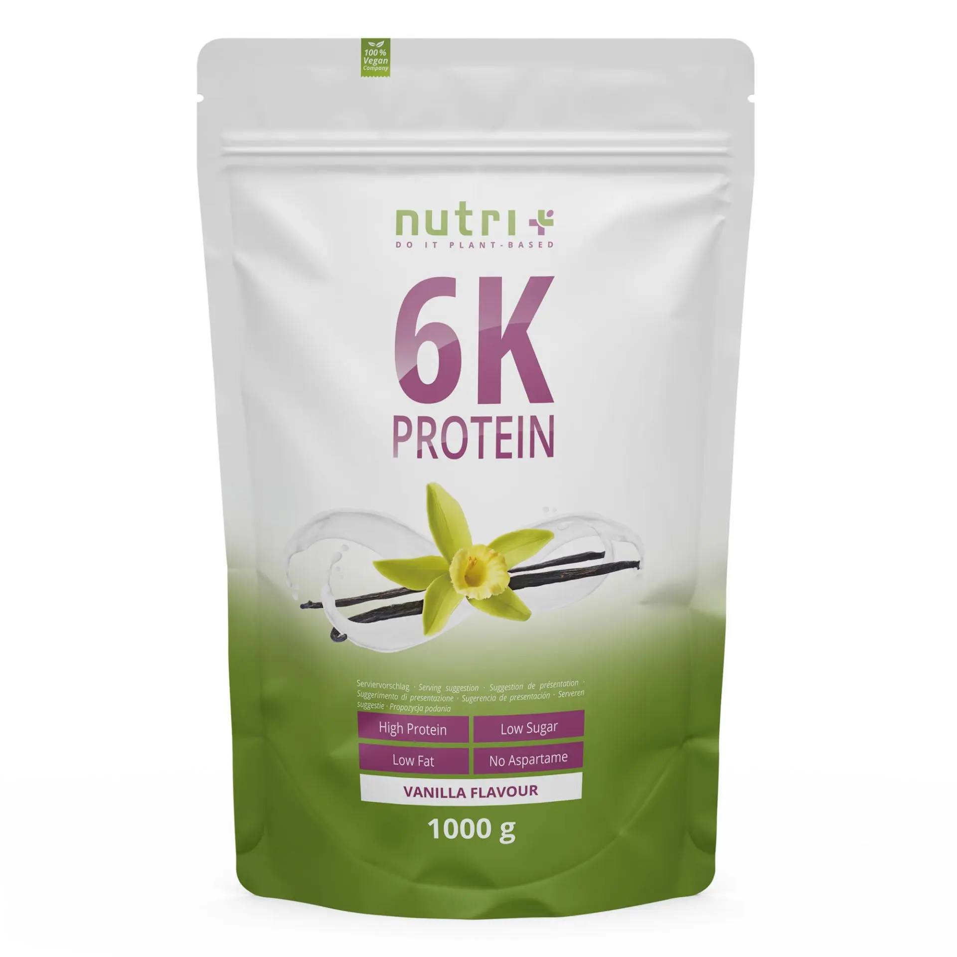 nutri+ 6k Proteinpulver | 1000 g | vegan | hoher Eiweißgehalt | mit 6 pflanzlichen Proteinen | hohe biologische Wertigkeit