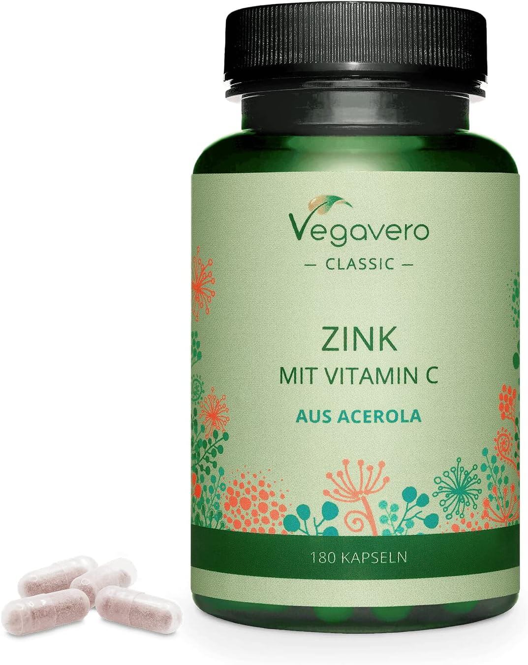 Vegavero Zink + Vitamin C | 180 Kapseln | Mit Acerola-Extrakt | Unterstützt das Immunsystem | Vegan und ohne Zusatzstoffe