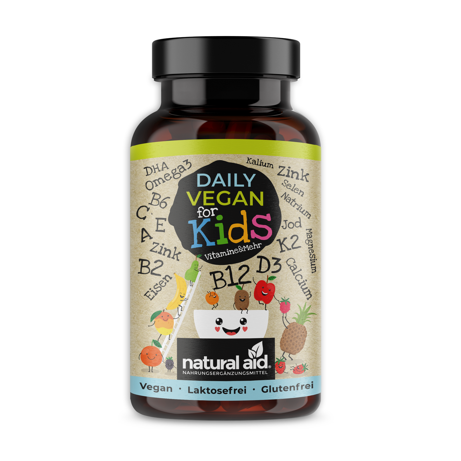 Natural Aid Daily Vegan for Kids | 120 Kapseln | Vitamine, Mineralstoffe & Omega3 für Kinder | 4 Monats-Vorrat