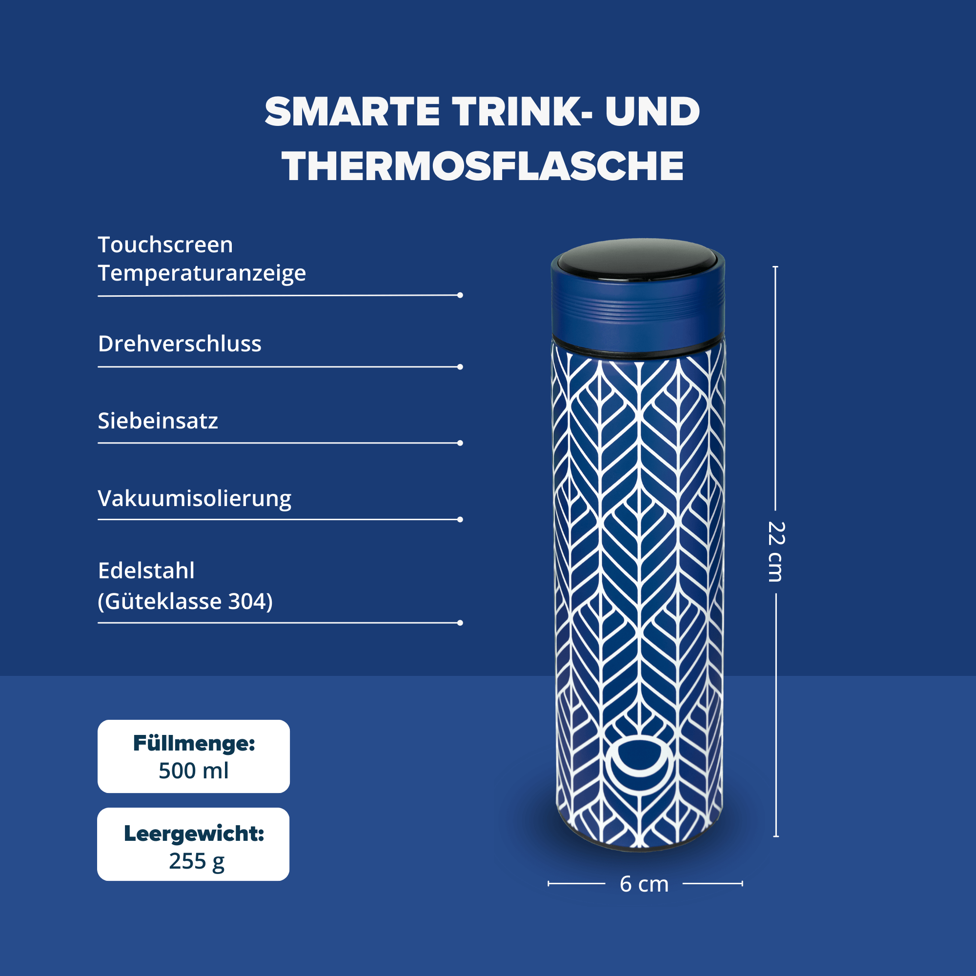 Health Rise Smarte Thermosflasche | 500ml | Edelstahl | Temperaturanzeige mit Touchscreen | BPA-frei | auslaufsicher | 3 Farben