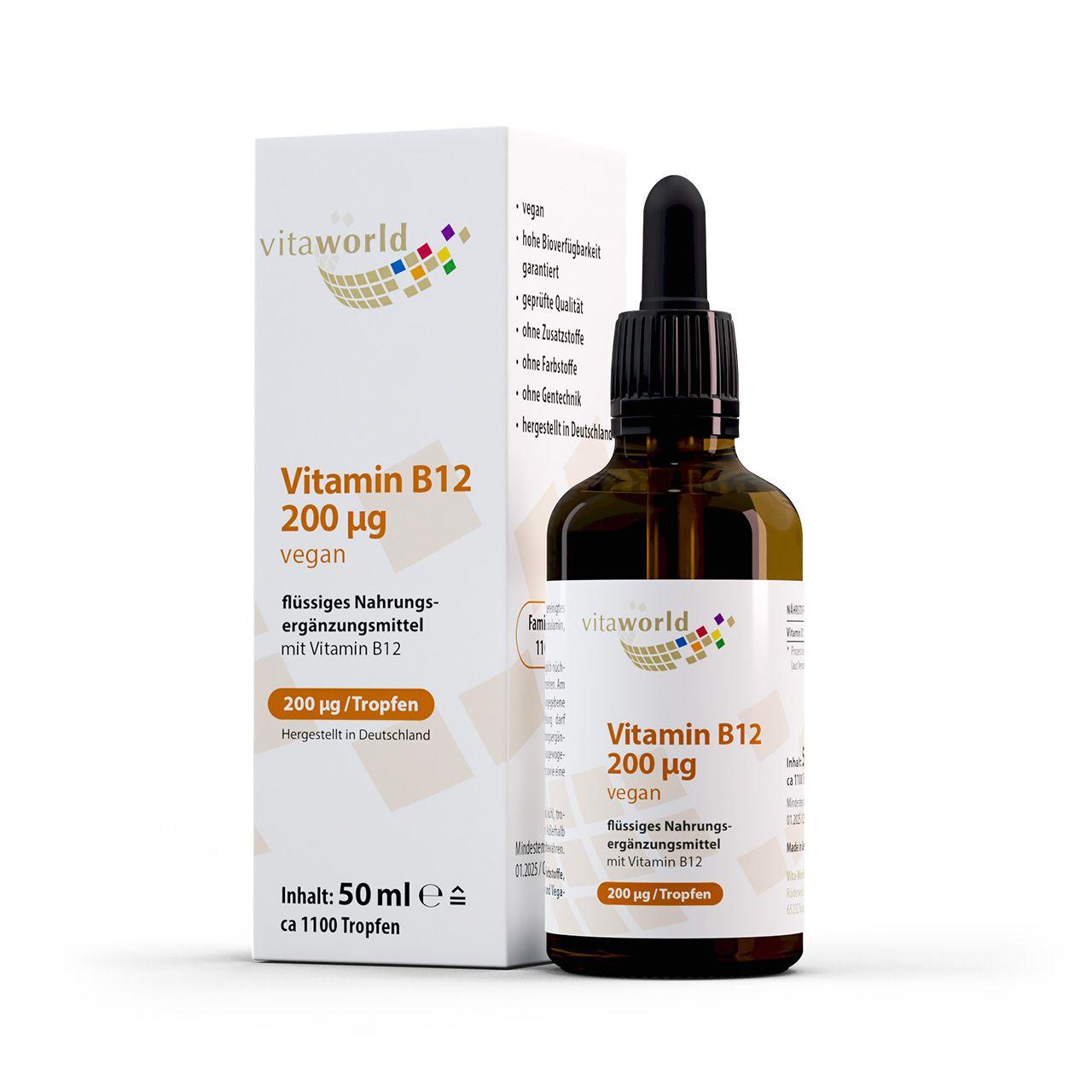 Vitaworld Vitamin B12 Tropfen 200 µg | 50 ml | Hochdosiert | Vegan