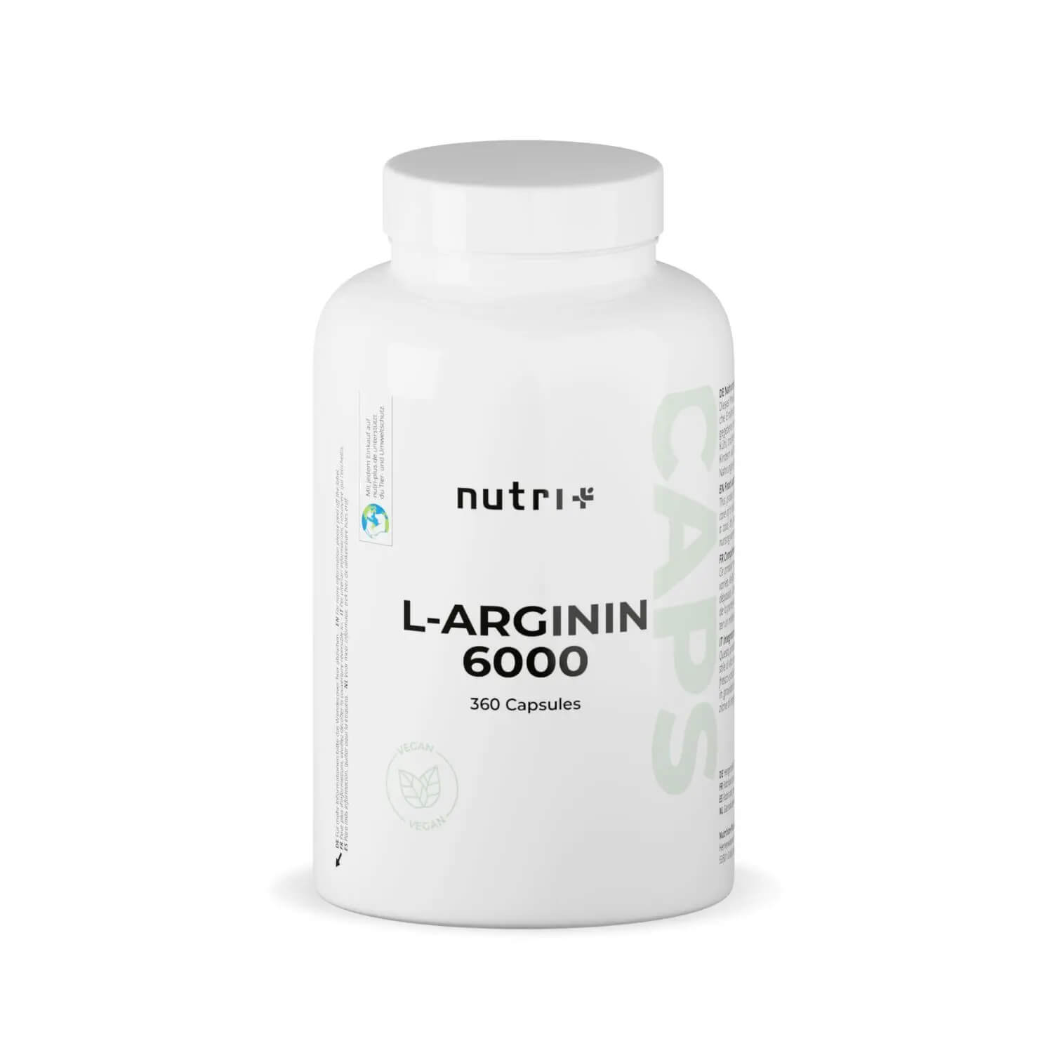 nutri+ L-Arginin 6000 Kapseln | Arginin Base | 360 Kapseln