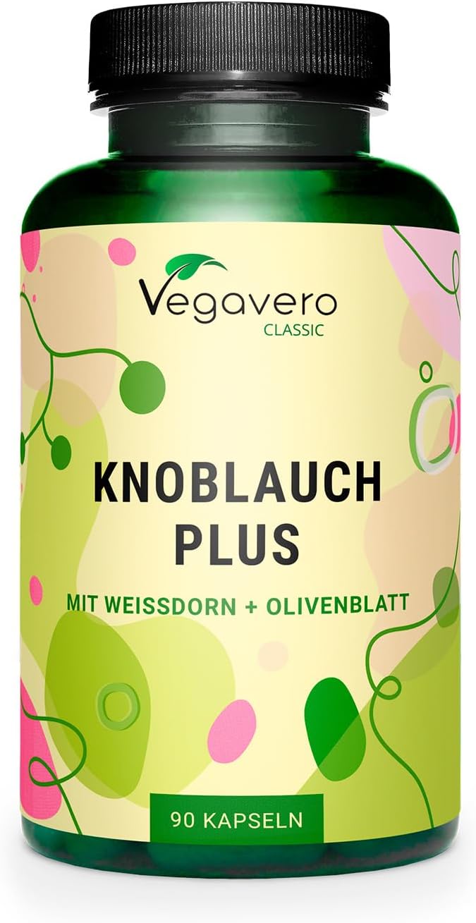 Vegavero Knoblauch Plus | 90 Kapseln | mit Weißdorn & Olivenblatt Extrakt | Vegan