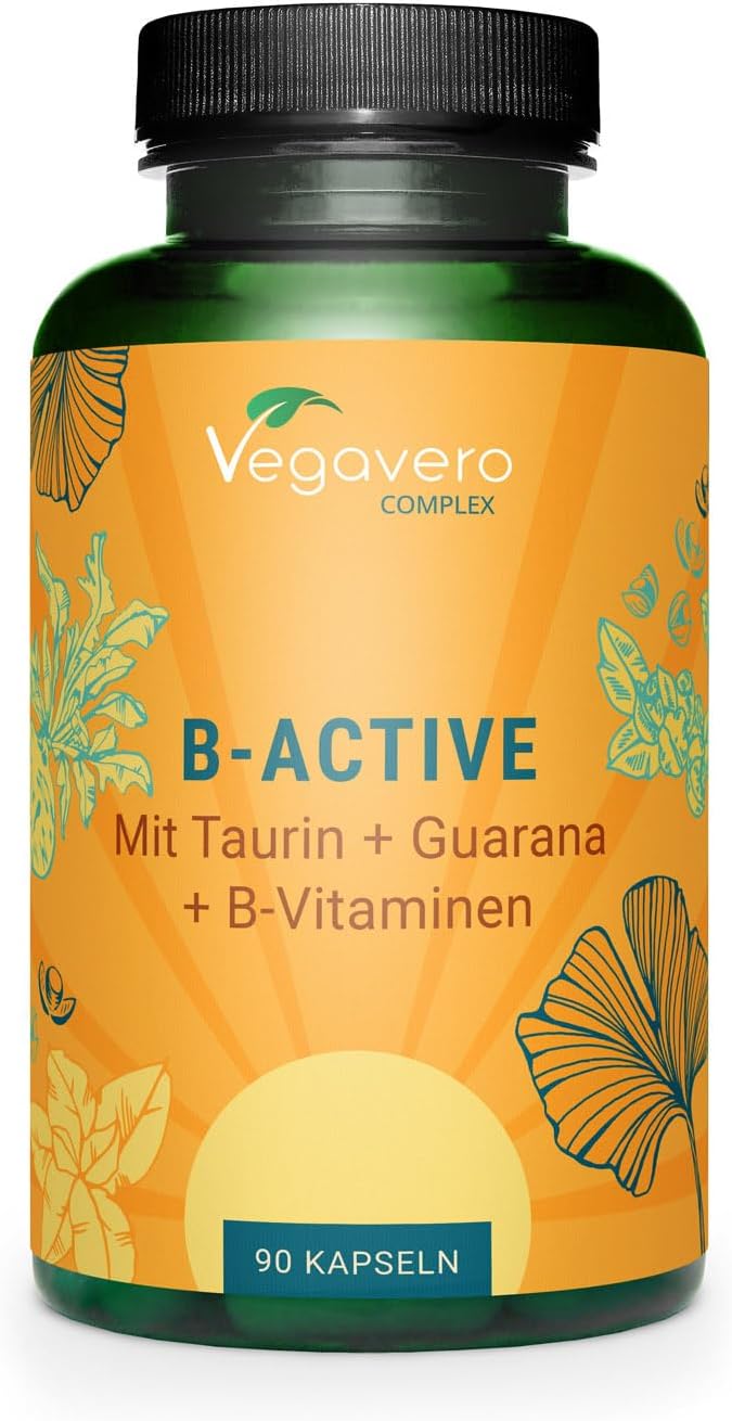 Vegavero B-Active | 90 Kapseln | Mit Guarana, L-Theanin, L-Taurin | Vegan | Für Energie & Konzentration