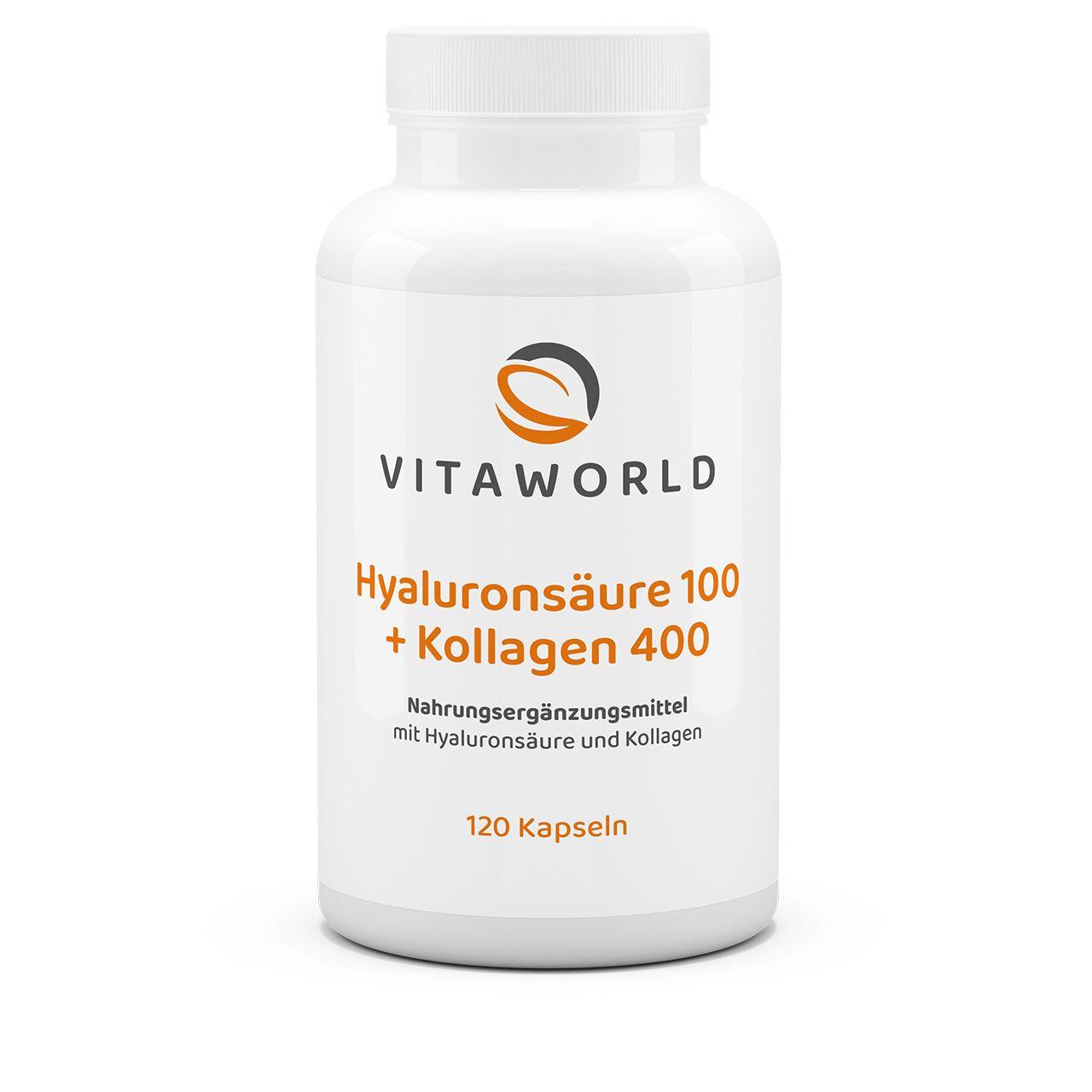 Vitaworld Hyaluronsäure 100 + Kollagen 400 | 120 Kapseln | Rein pflanzliche Hyaluronsäure | Bioaktive Kollagenpeptide | Hautpflege