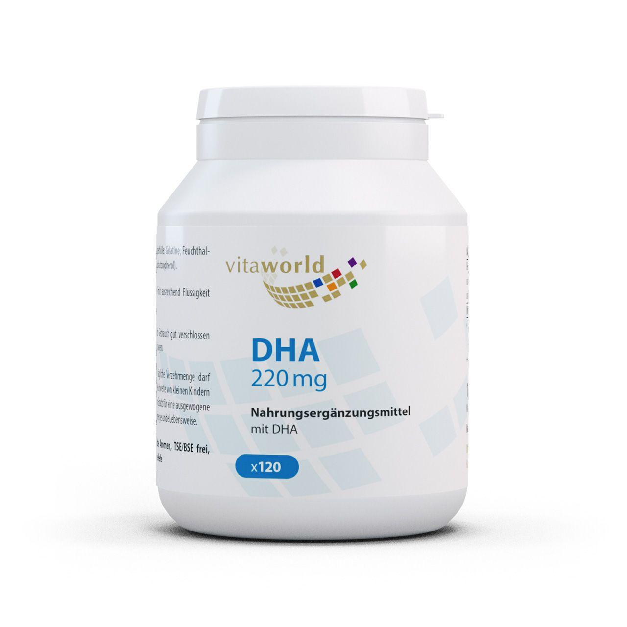 Vitaworld DHA 220 mg | 120 Kapseln | Omega-3-Fettsäuren | Mit EPA und Vitamin E | Unterstützt Herzfunktion