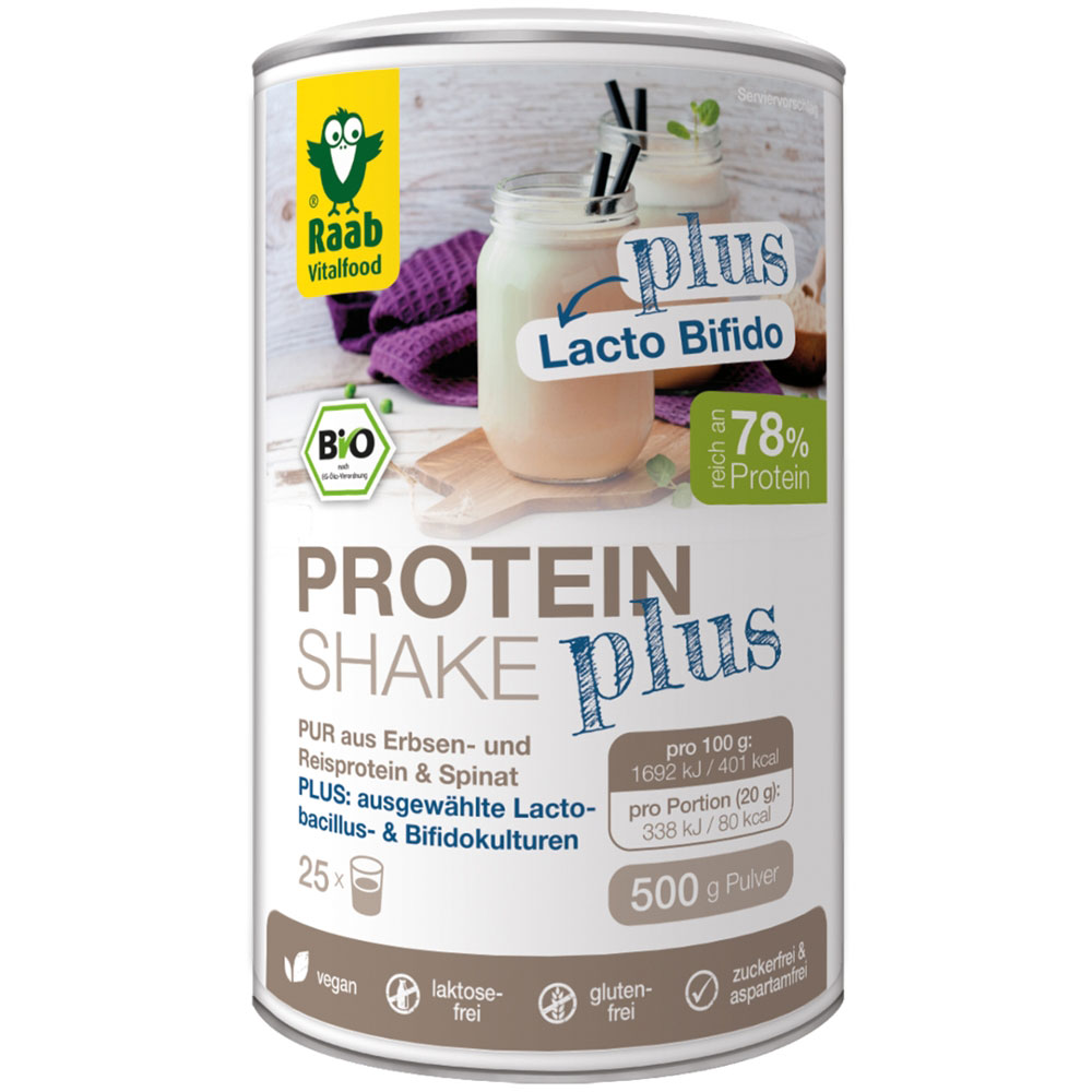 Raab Vitalfood Protein Shake Pur Plus  | 500g | Erbsen- und Reisprotein & Spinat + Lacto Bifido