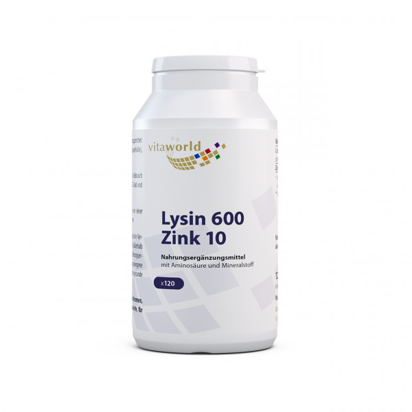 Vitaworld Lysin 600 mg plus Zink 10 mg | 120 Kapseln | essenzielle Aminosäure | vegan | gluten- und laktosefrei