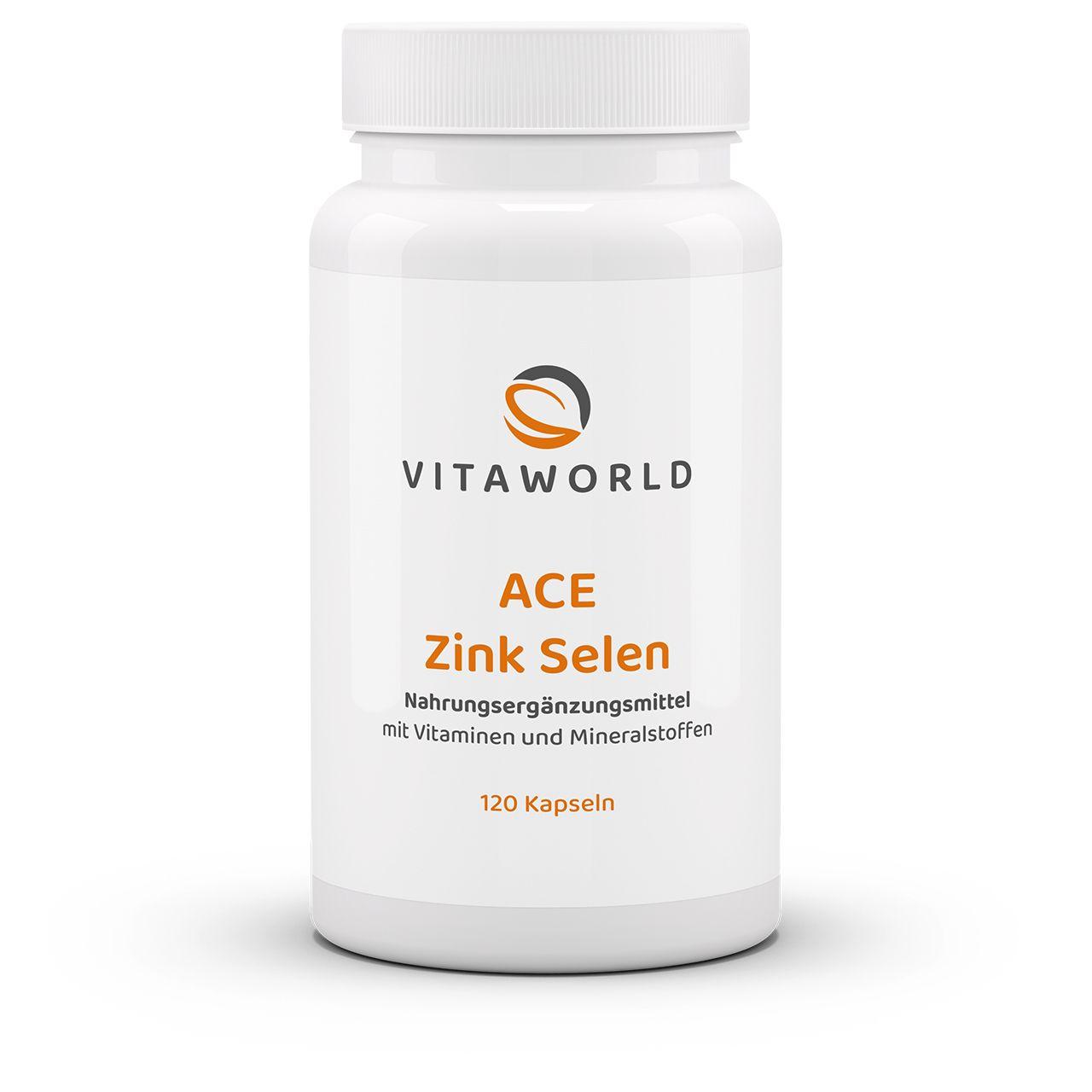 Vitaworld ACE Zink + Selen | 120 Kapseln | Stärkt das Immunsystem | Unterstützt die Sehkraft | Schützt vor oxidativem Stress | Mit Antioxidantien | Vegan