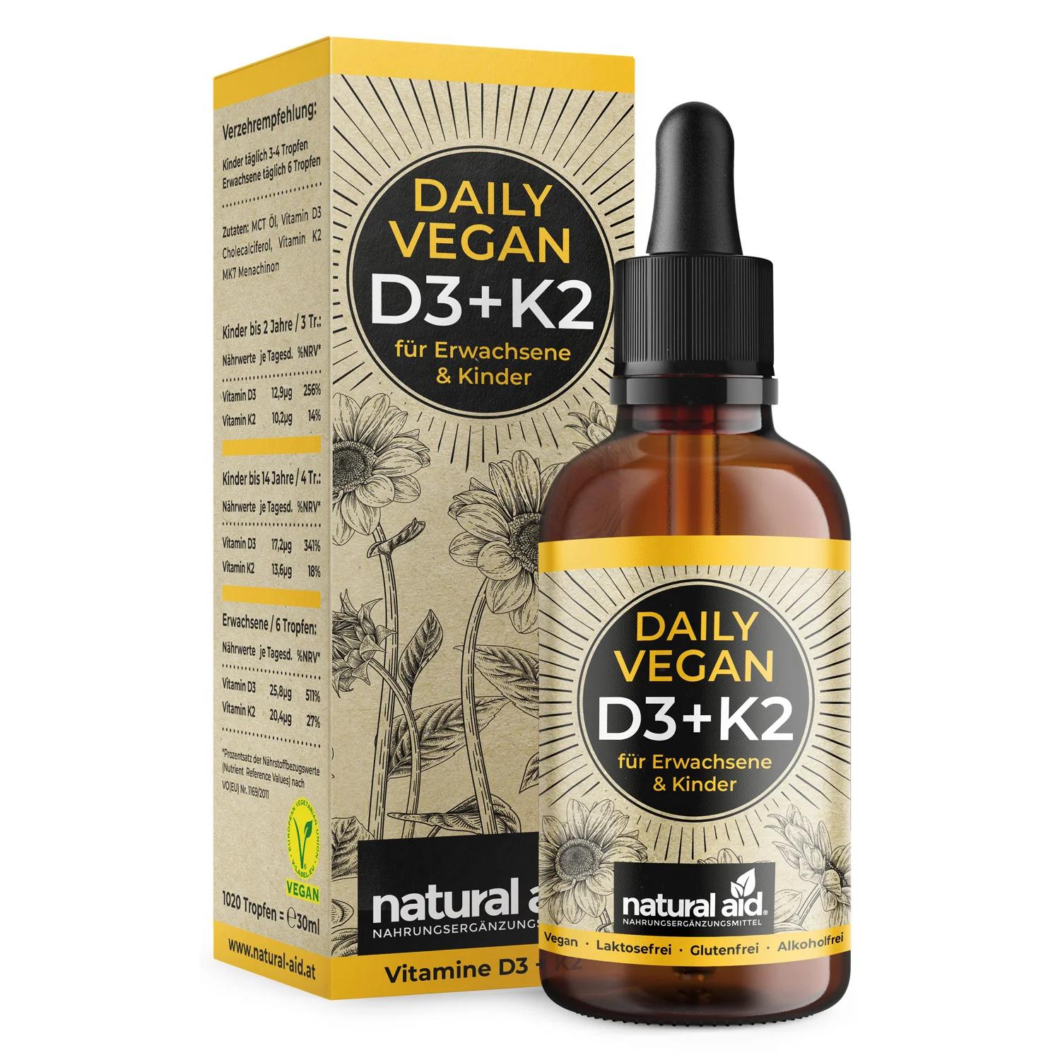 Natural Aid Daily Vegan D3 + K2 Tropfen | 30ml | für Erwachsene und Kinder