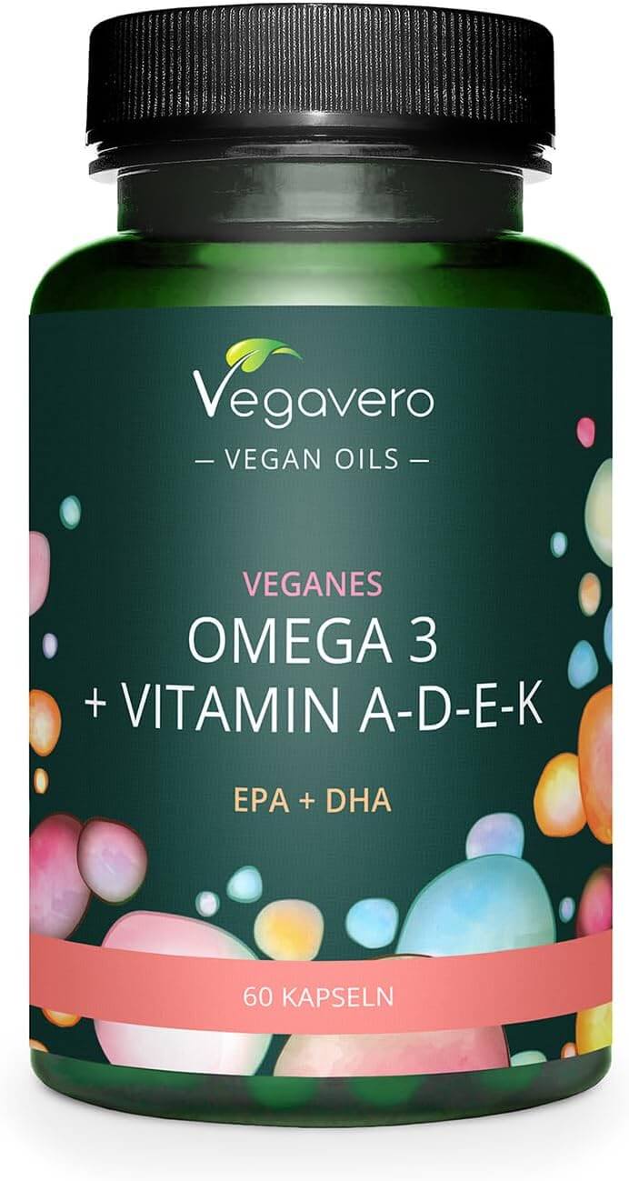 Vegavero Omega-3 Plus ADEK | 60 Kapseln | Algenöl | Mit Vitamin A, D, E, K | Vegan