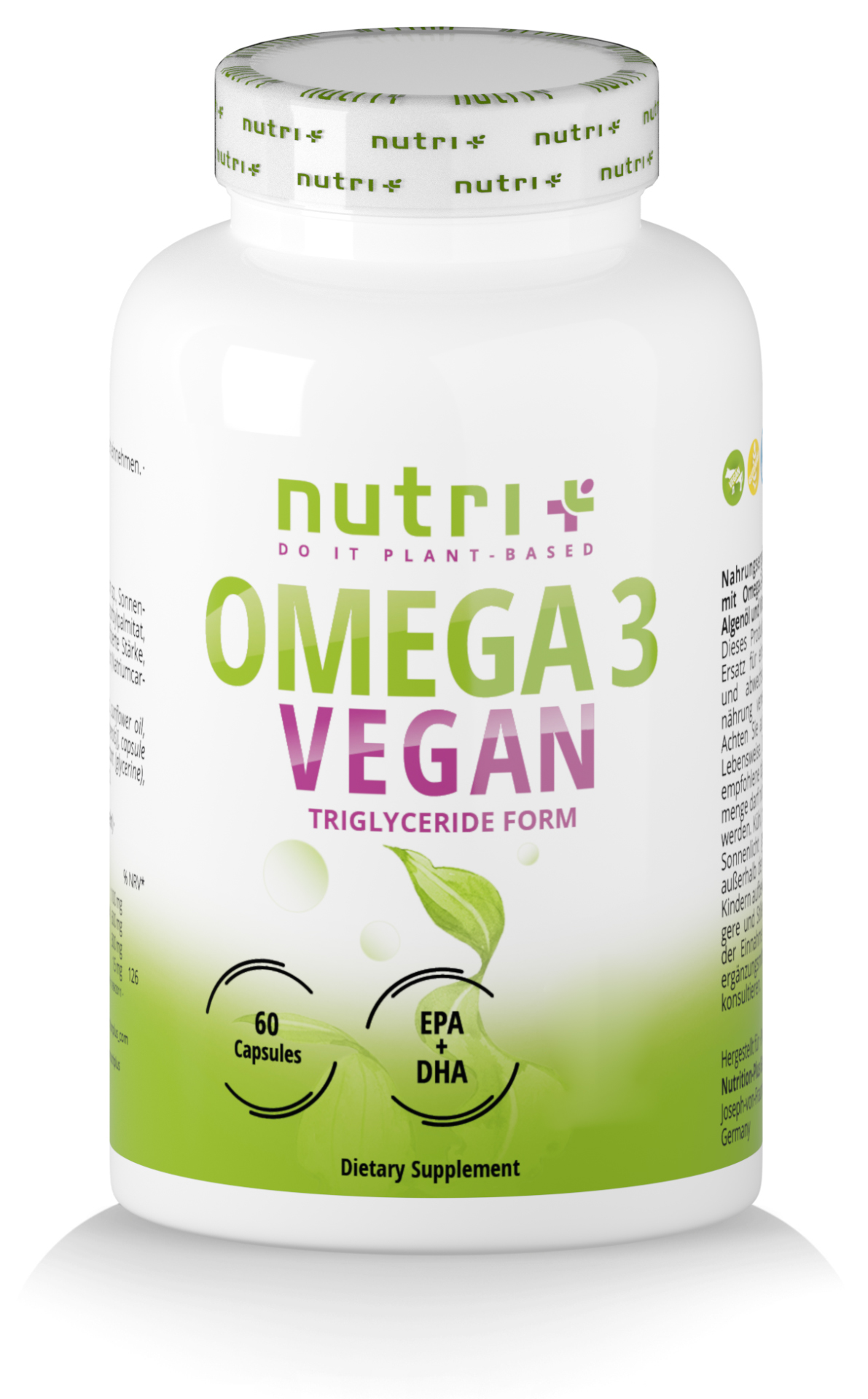 nutri+ Omega 3 Vegan | 60 Kapseln | Hochdosiertes Algenöl für Herz, Gehirn & Sehkraft