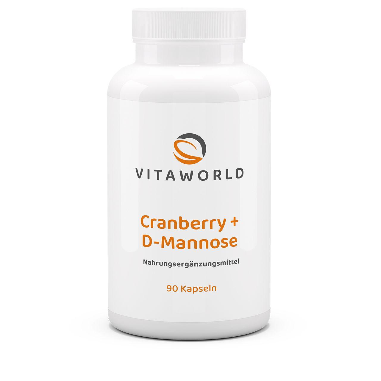 Vitaworld Cranberry + D-Mannose | 90 Kapseln | Mit L-Methionin und Zink | Unterstützt das Immunsystem | 25% Proanthocyanidine | Vegan