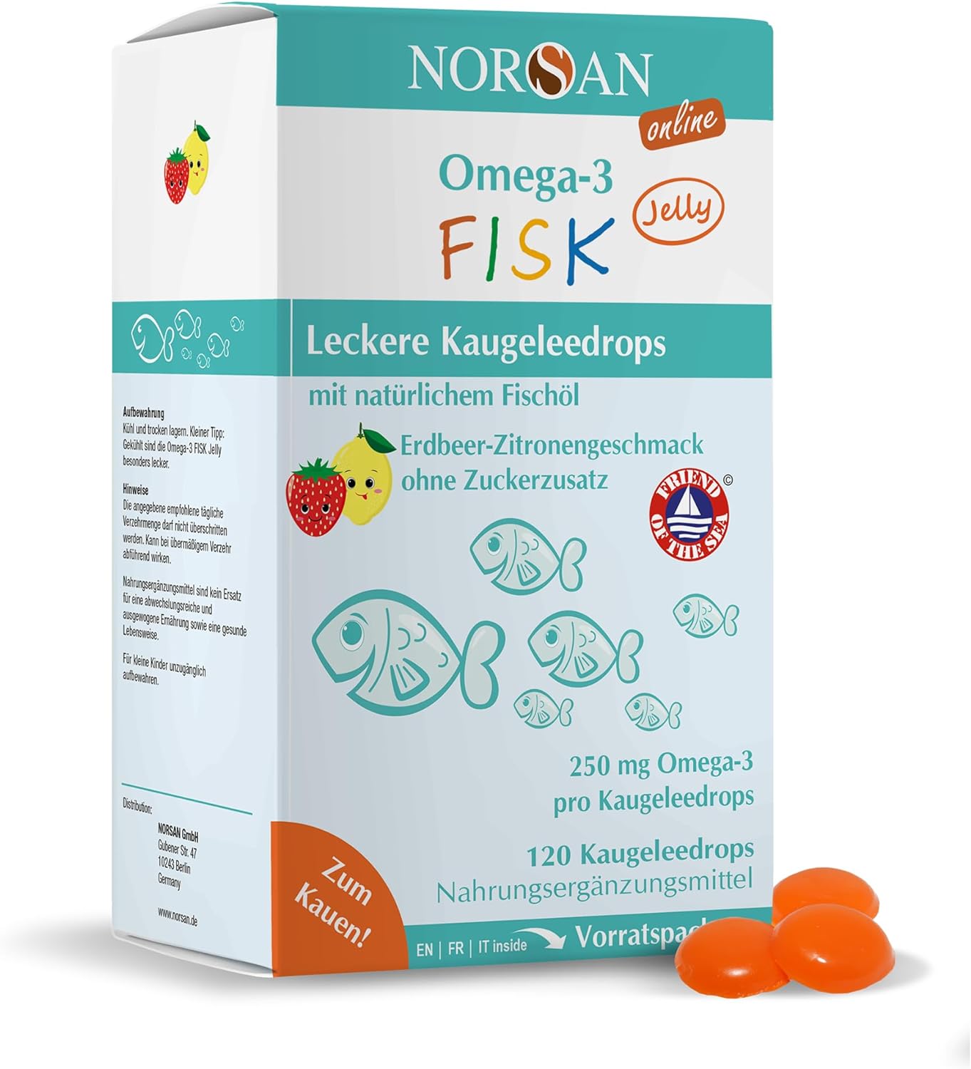 Norsan Omega-3 FISK Jelly | 120 Kaugeleedrops | mit natürlichem Fischöl | Erdbeer-Zitronengeschmack | Omega-3 für Kinder