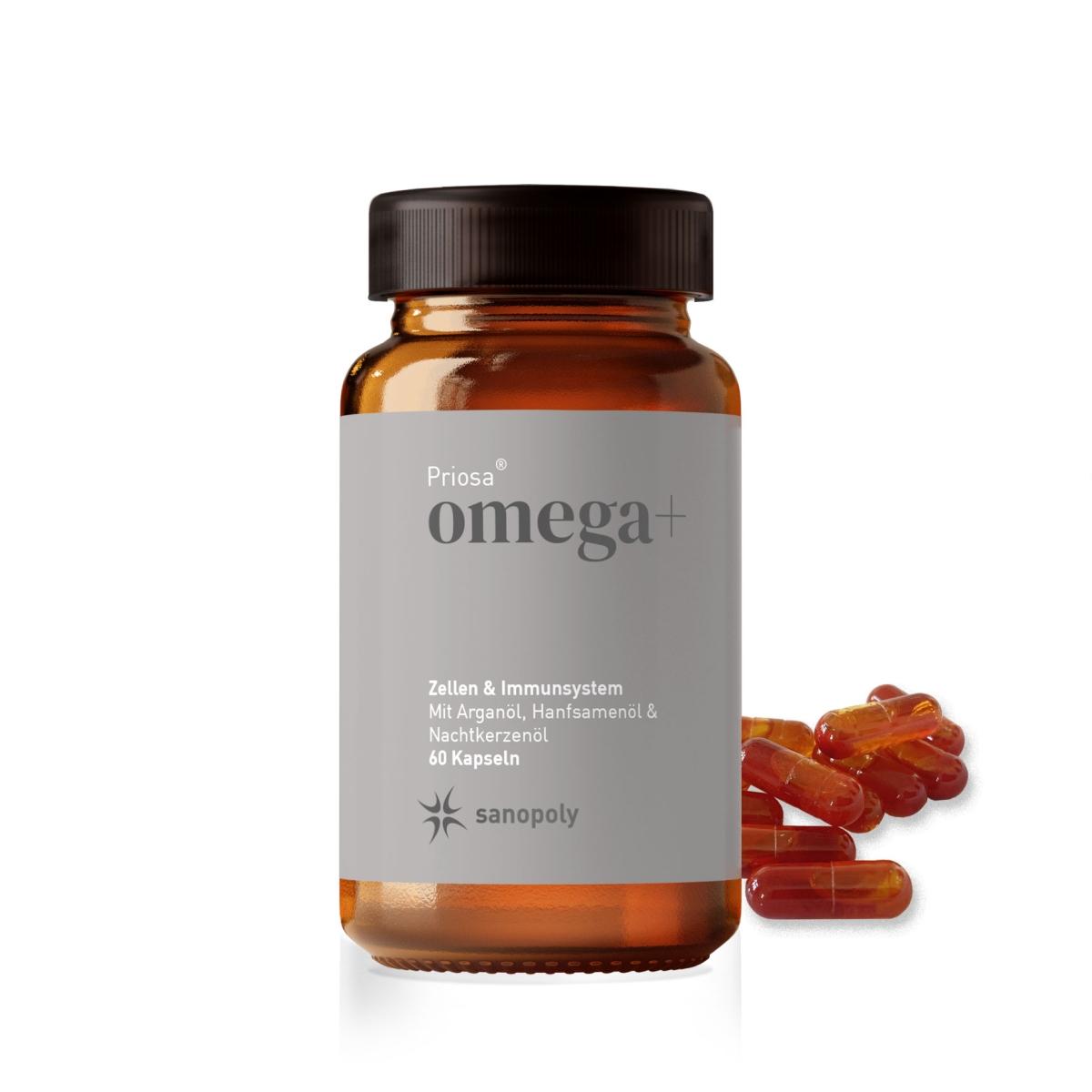 Sanopoly Priosa® omega+ | 60 Kapseln | Fettsäurekomplex mit Omega 3 + 6 + 9, Arganöl + Gammlinolensäure | Mit Vitamin D3, K2, E und A | Vegan