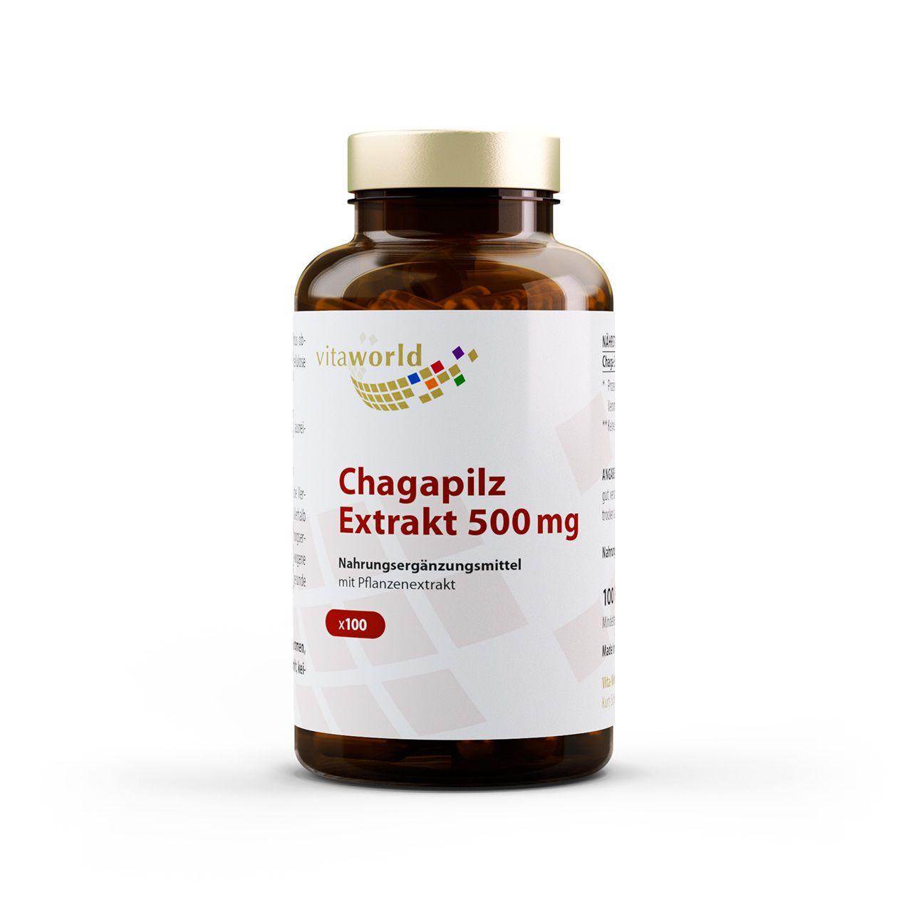 Vitaworld Chagapilz Extrakt 500 mg | 100 Kapseln | Aus Wildsammlung | 79,4 % Chaga-Fruchtkörperextrakt | Unterstützt Immunsystem | Vegan