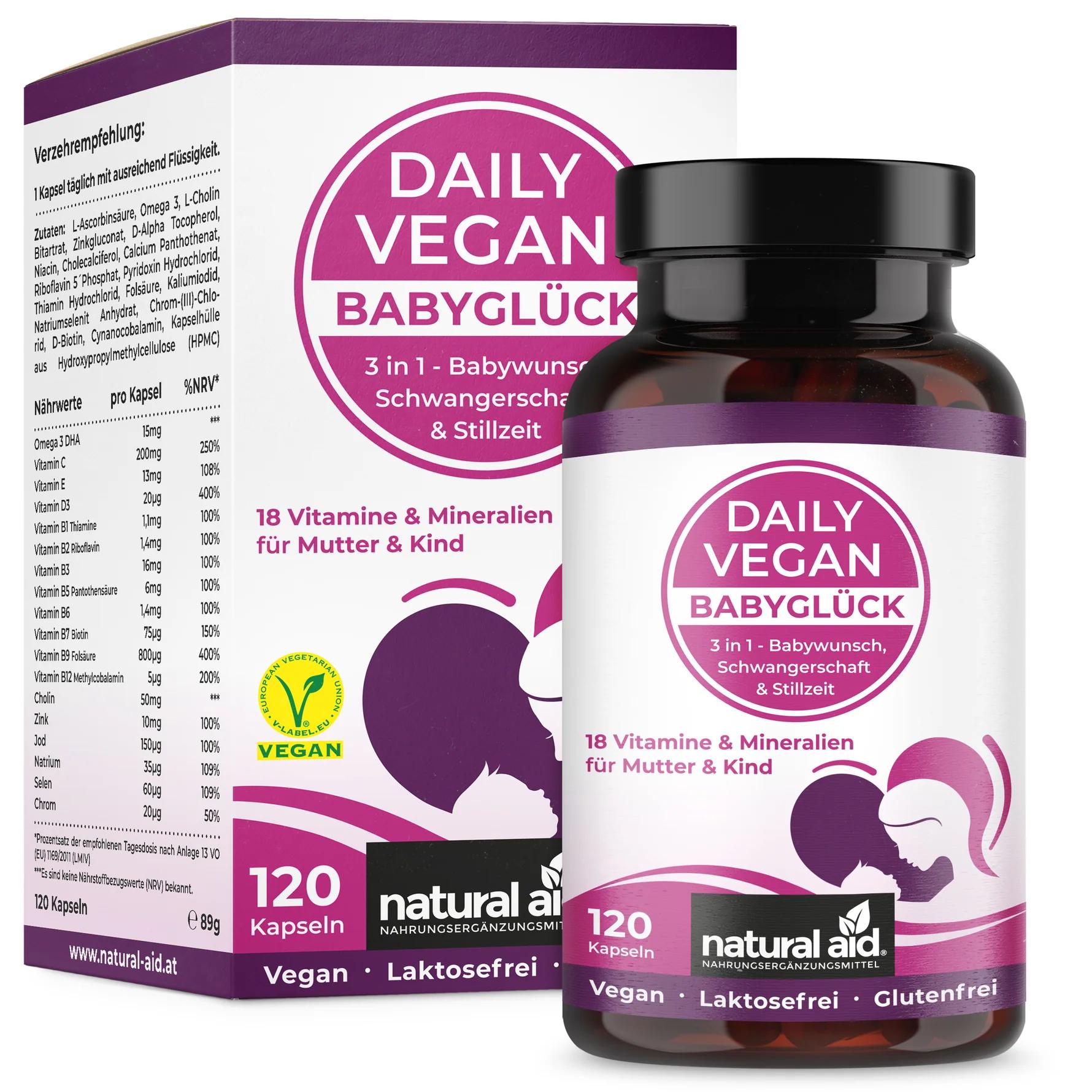 Natural Aid Daily Vegan Babyglück | 120 Kapseln - 18 Vitamine und Mineralien für Mutter und Kind