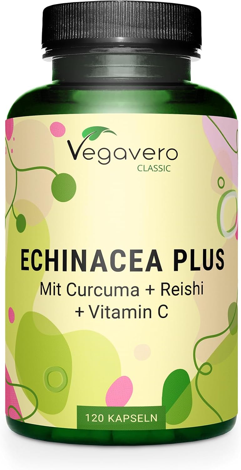 Vegavero Echinacea Plus | 120 Kapseln | mit Reishi & Kurkuma Extrakt | Vitamin C aus Acerola | Zink Bisglycinat | Vegan